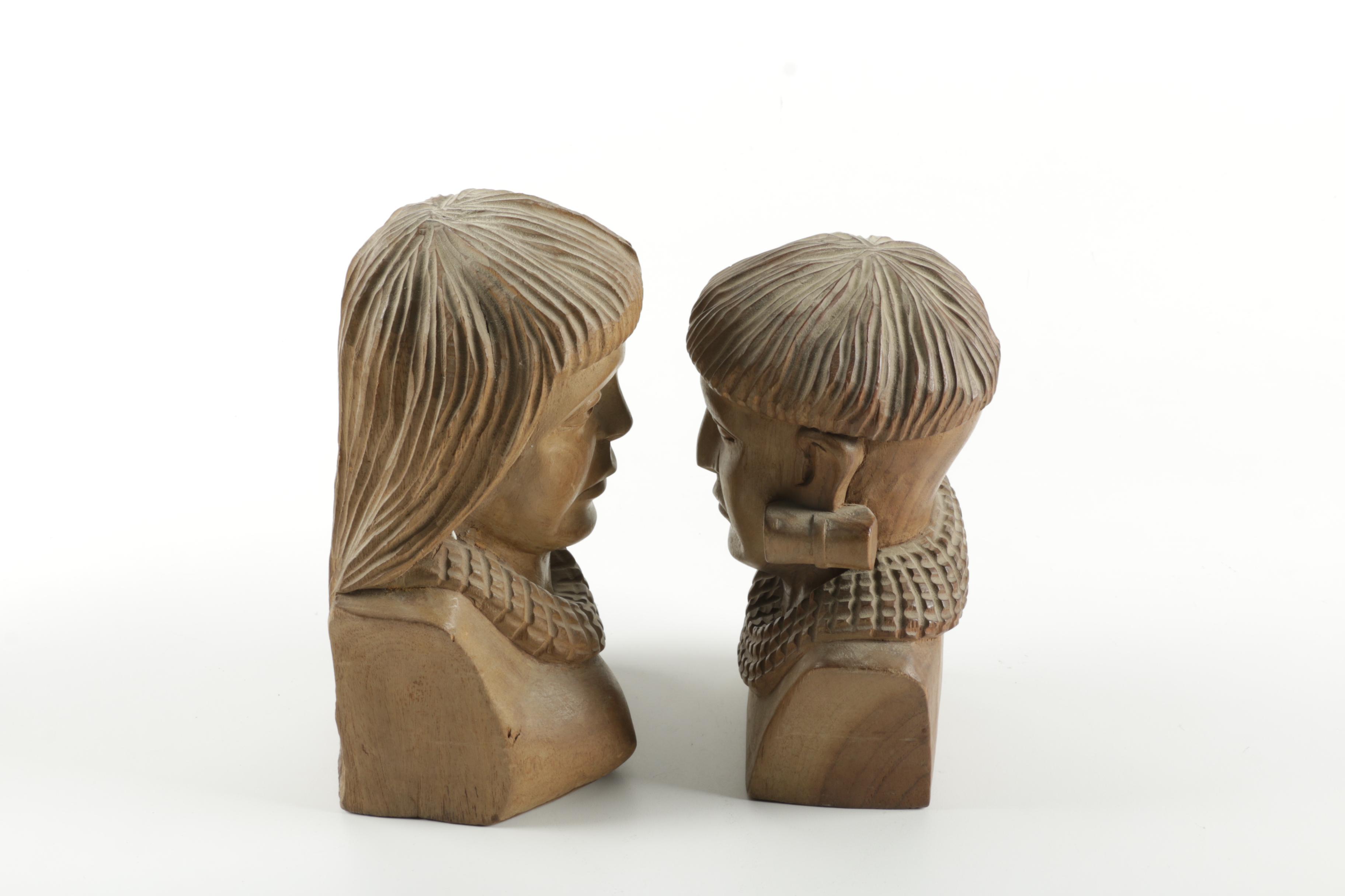 Wooden Tribal Busts of Man and Woman