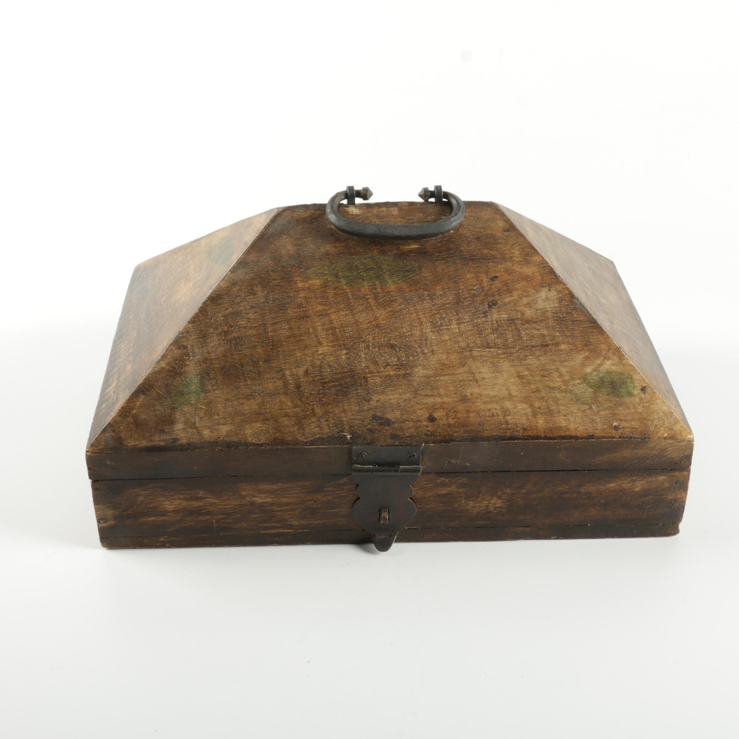 Vintage Dark Wooden Chest With Assorted Contents