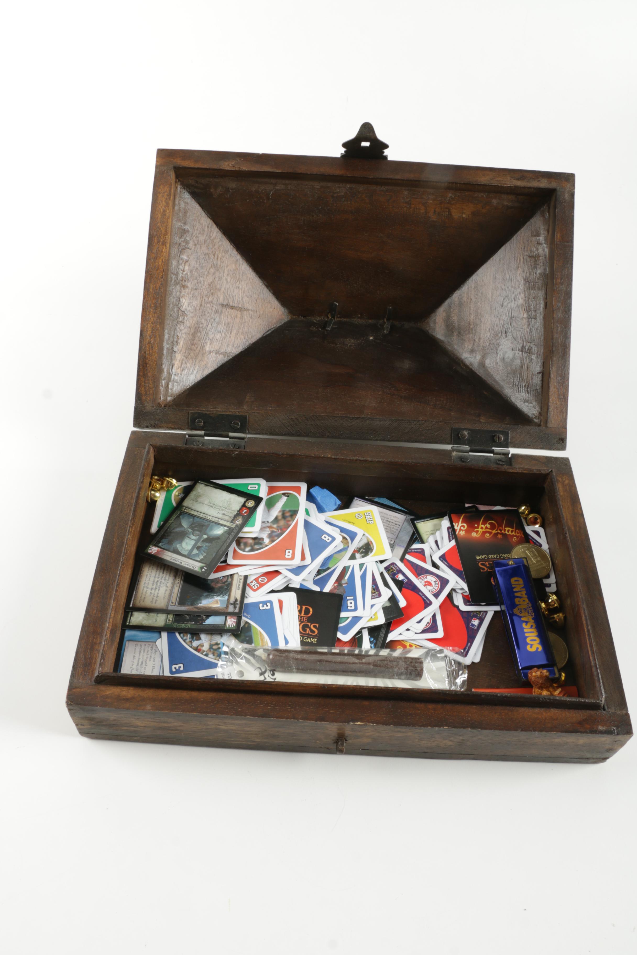 Vintage Dark Wooden Chest With Assorted Contents