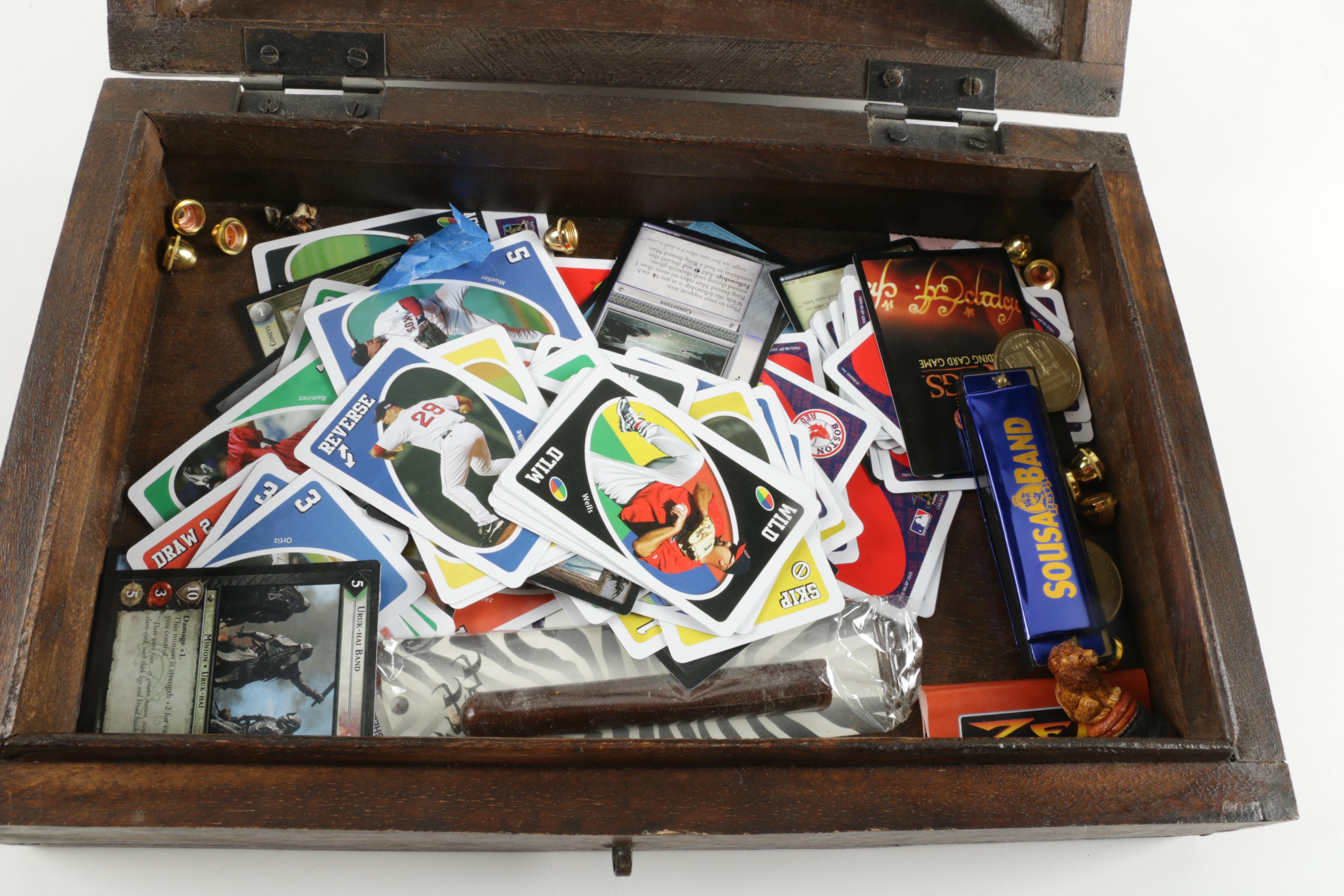 Vintage Dark Wooden Chest With Assorted Contents