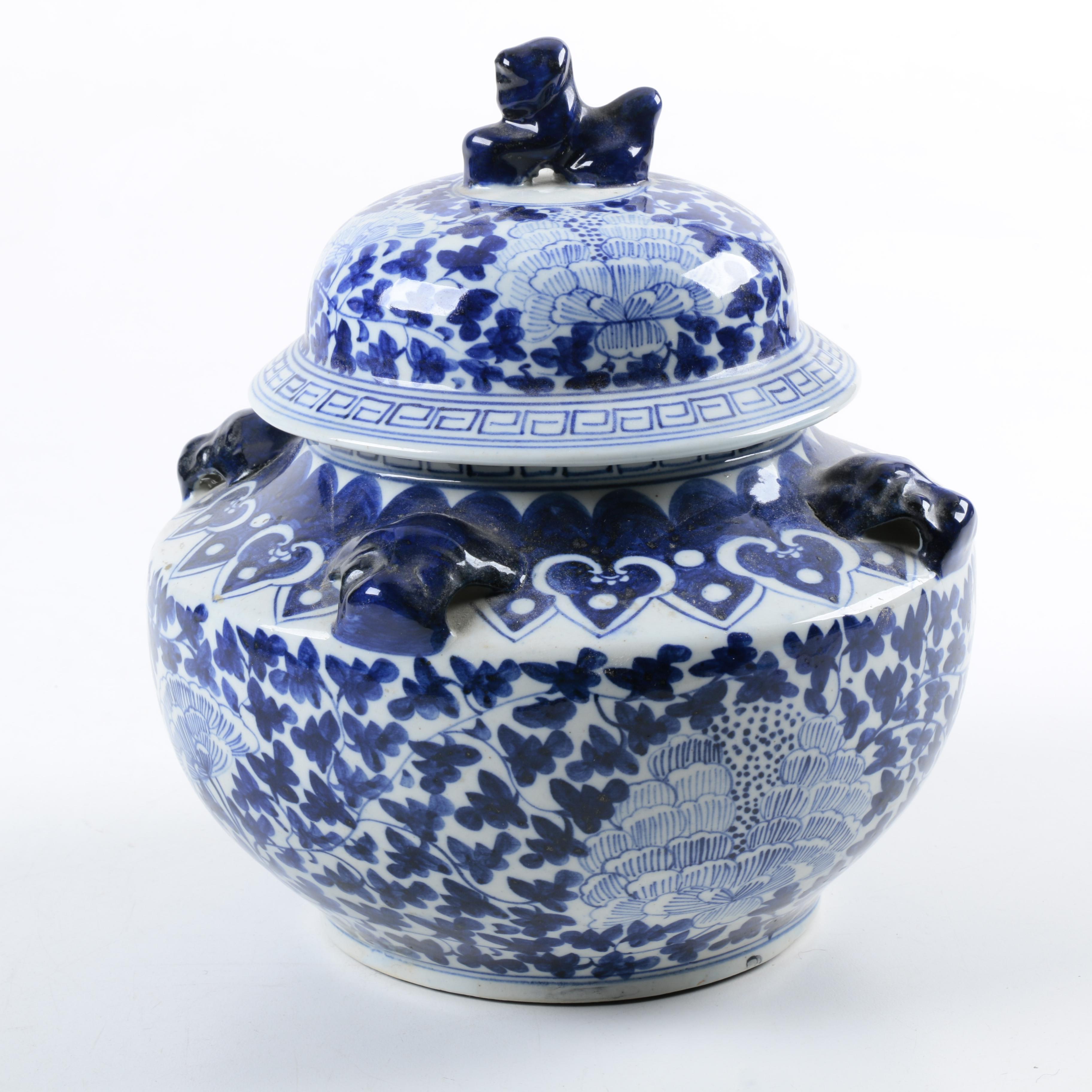 Chinese Blue Glazed Stoneware Lidded Urn
