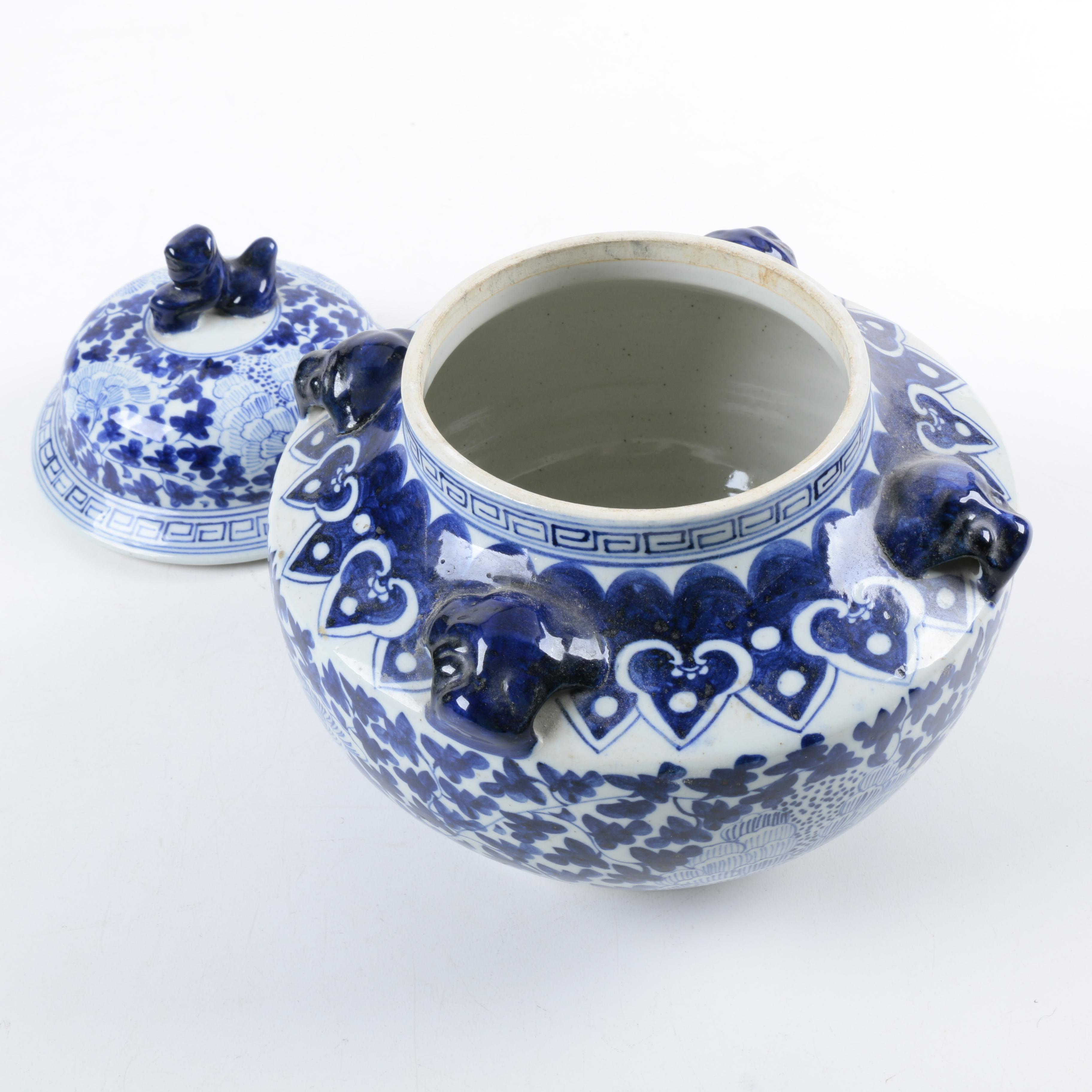 Chinese Blue Glazed Stoneware Lidded Urn