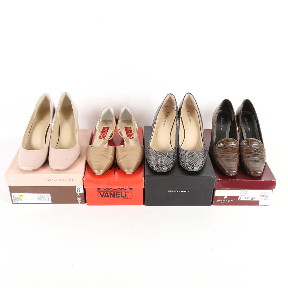 Four Pairs of Women's Leather Shoes including Vaneli and Etienne Aigner