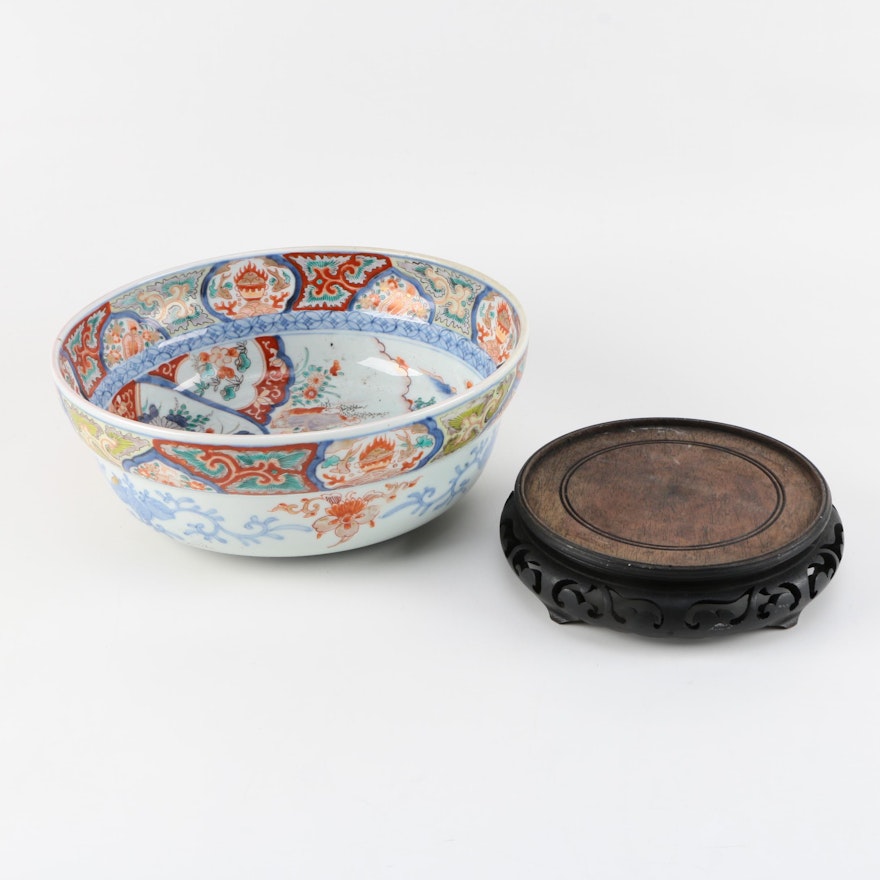 East Asian Imari Palette Ceramic Bowl and Wooden Base