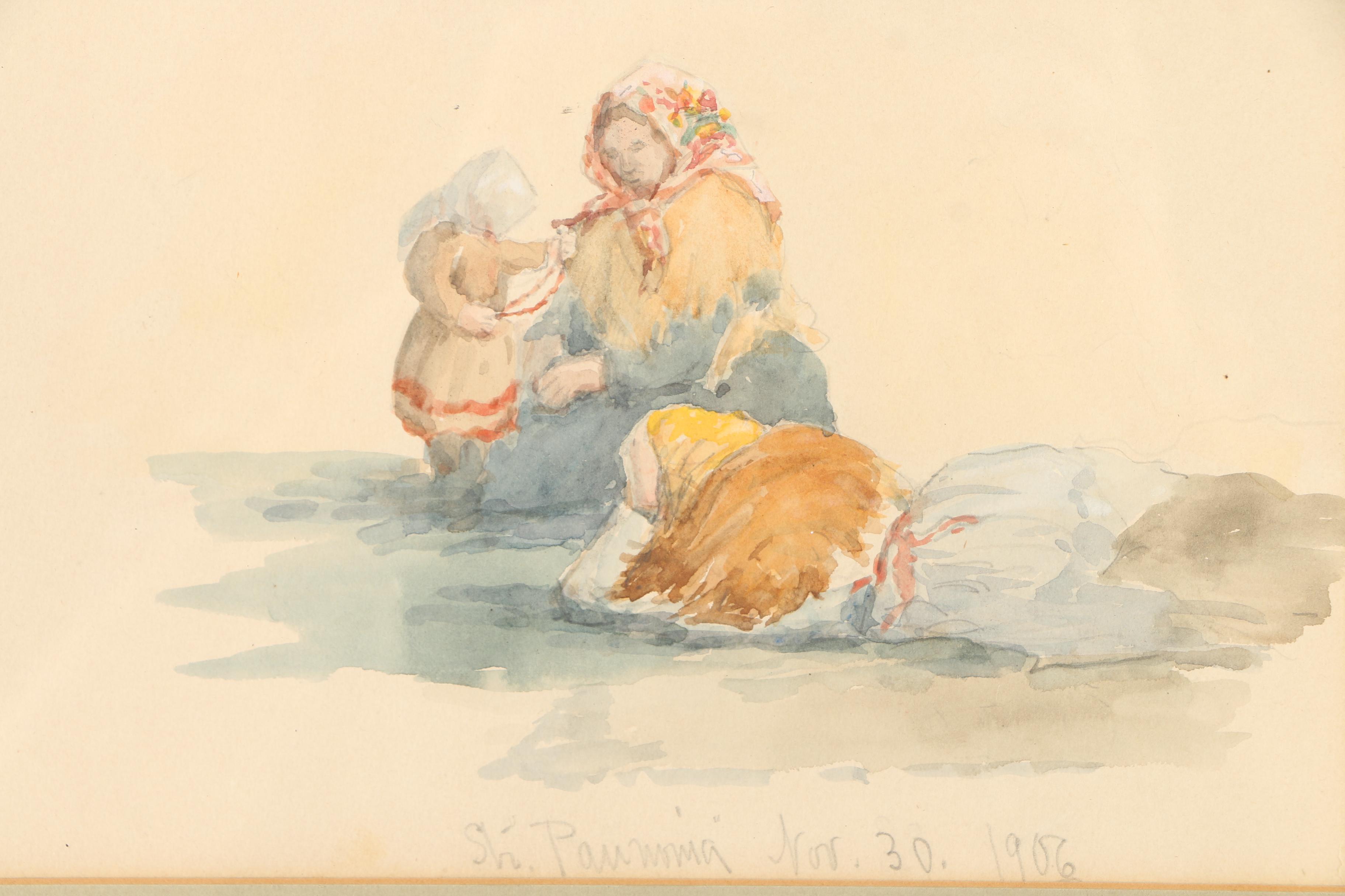 Double Sided Watercolors on Paper of Women and Child