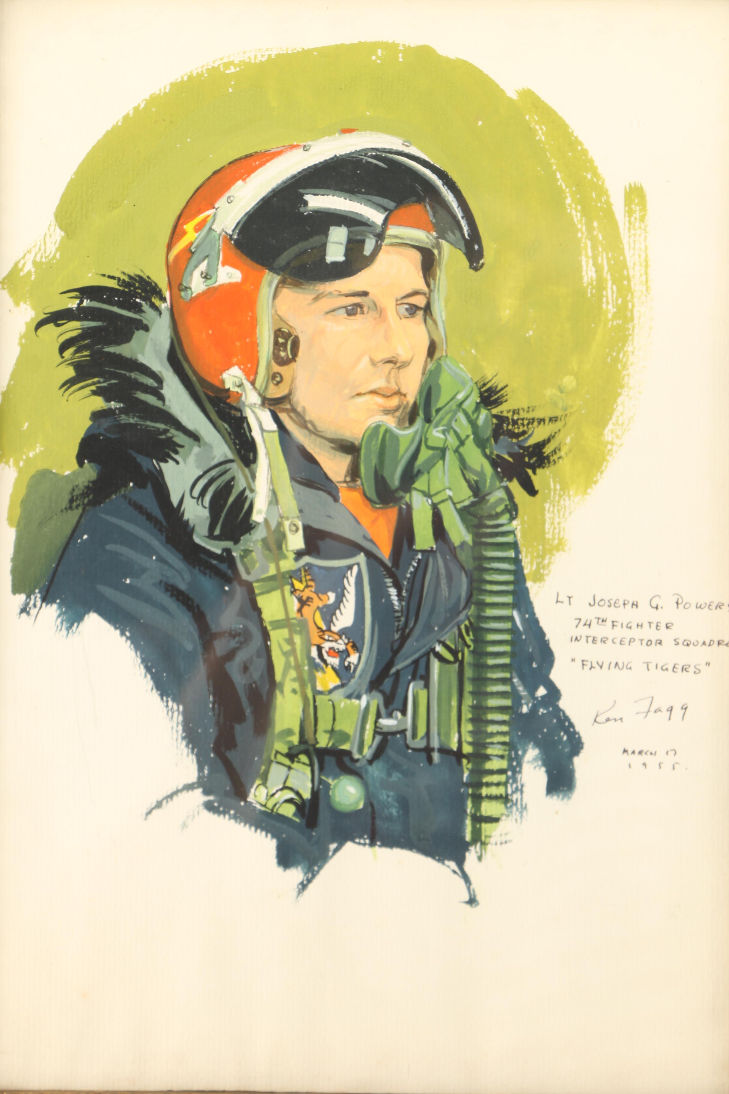 Ken Fagg Gouache Portrait of a U.S. Air Force Pilot with Reference Photos