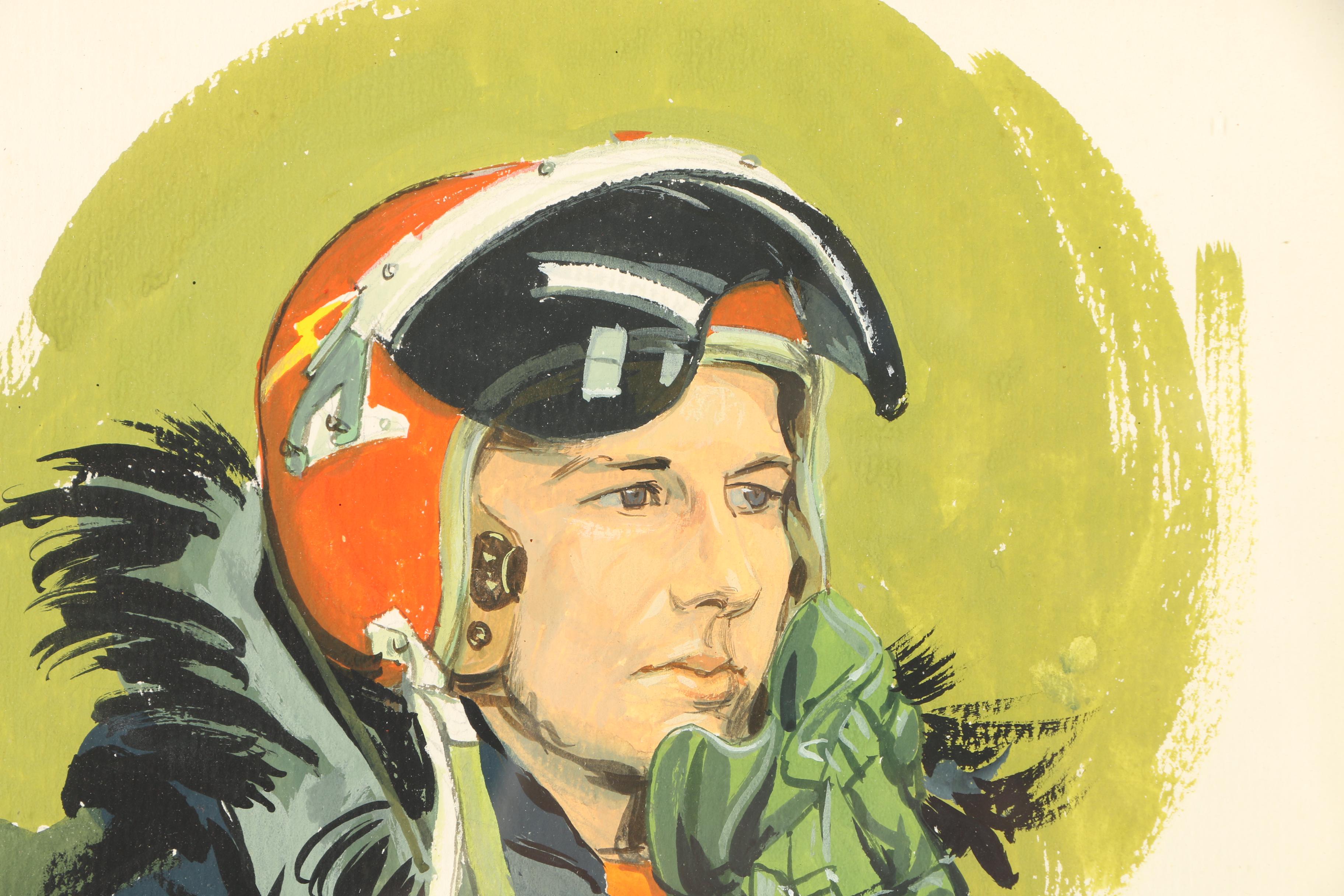 Ken Fagg Gouache Portrait of a U.S. Air Force Pilot with Reference Photos