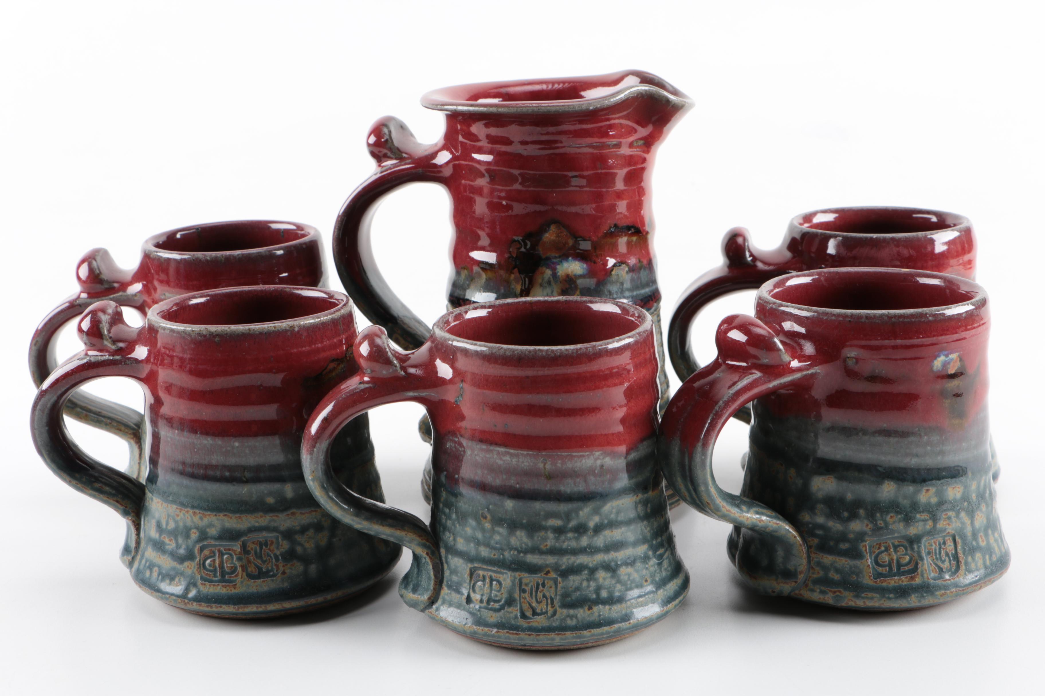 Stoneware Pitcher and Mugs