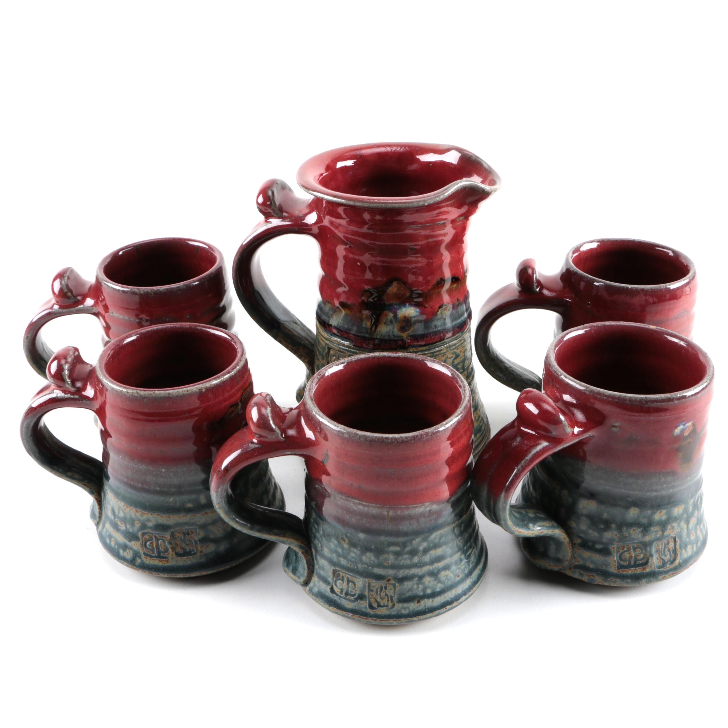 Stoneware Pitcher and Mugs