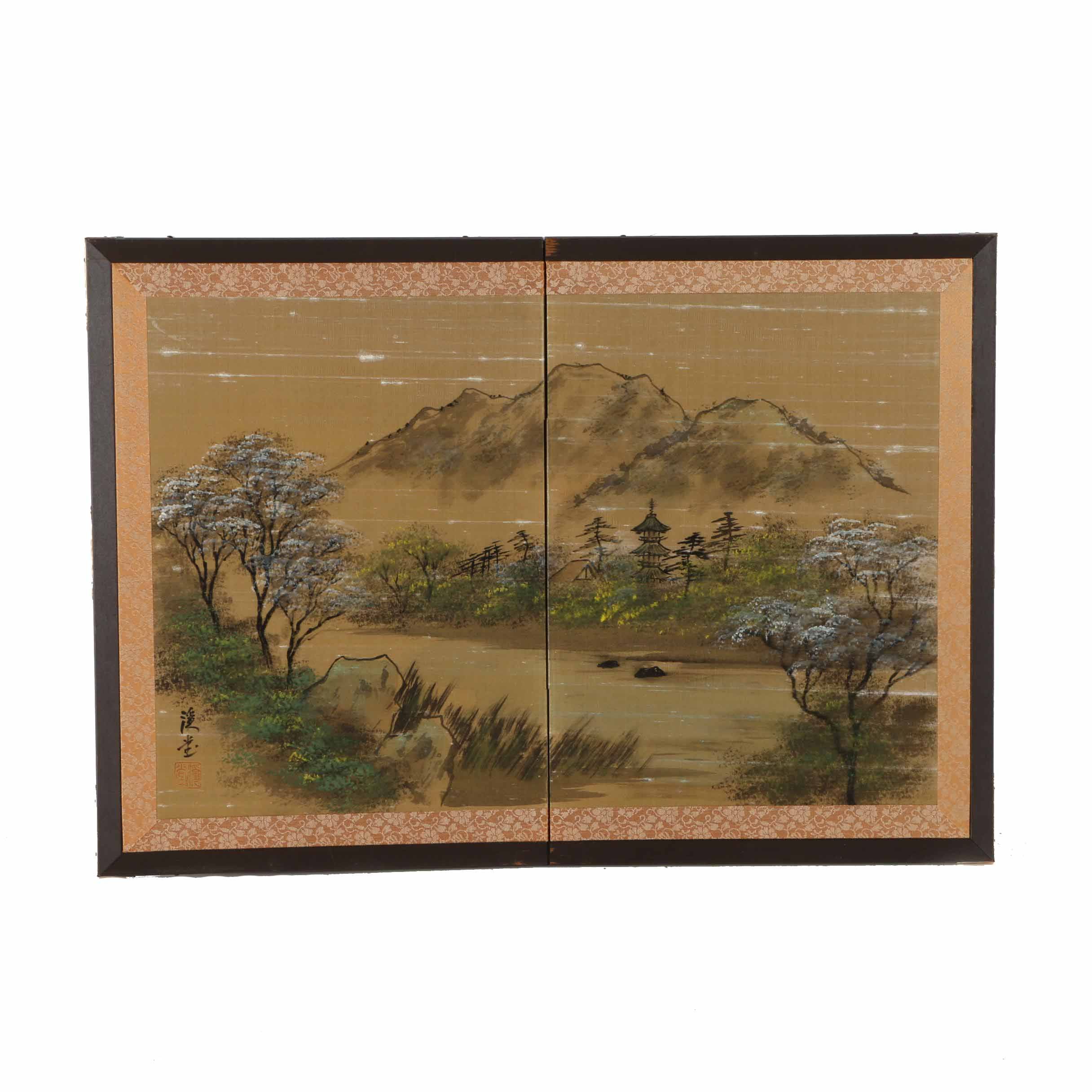 Japanese Two-Fold Painted Folding Screen