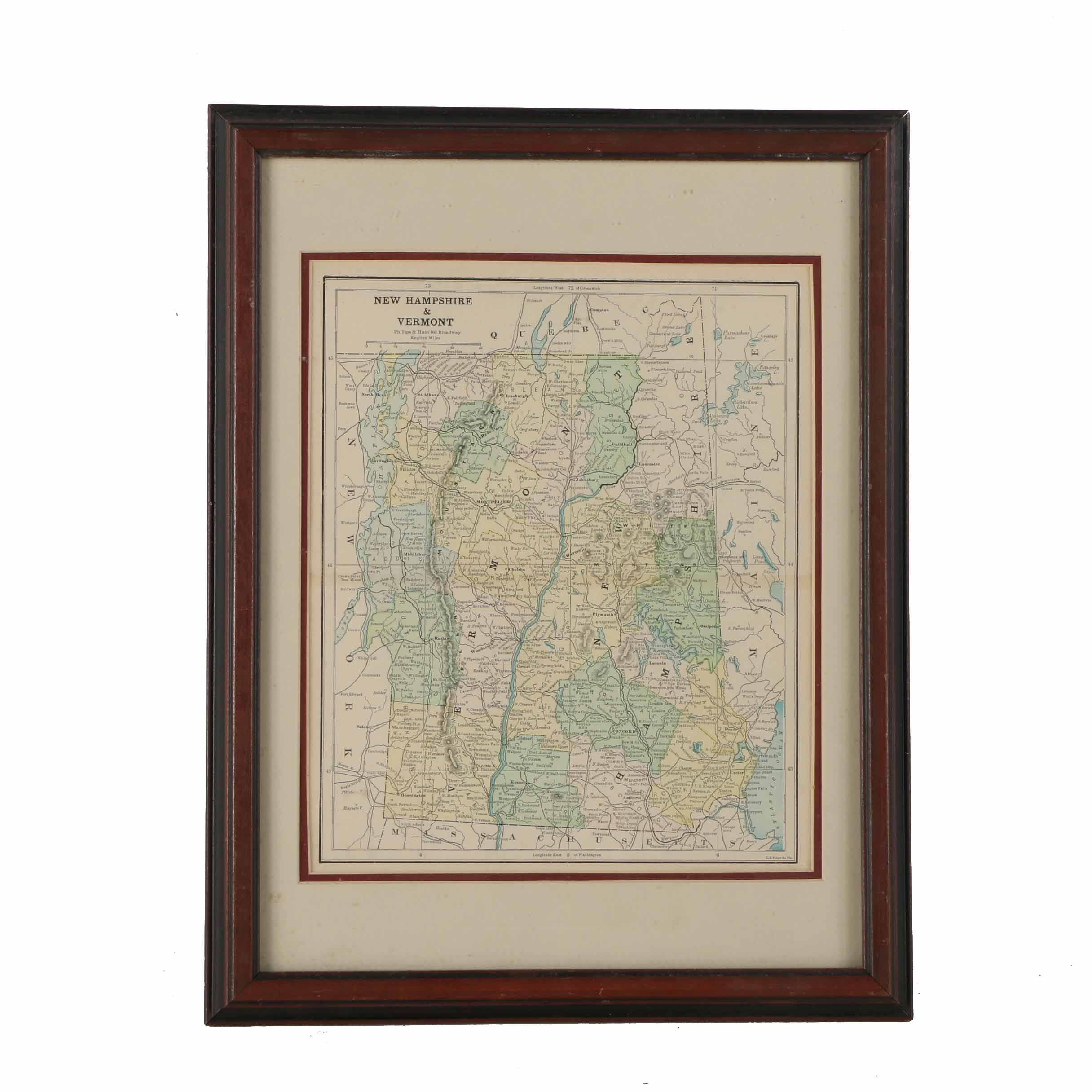 Vintage Lithograph Print on Paper of a Political Map of New Hampshire & Vermont