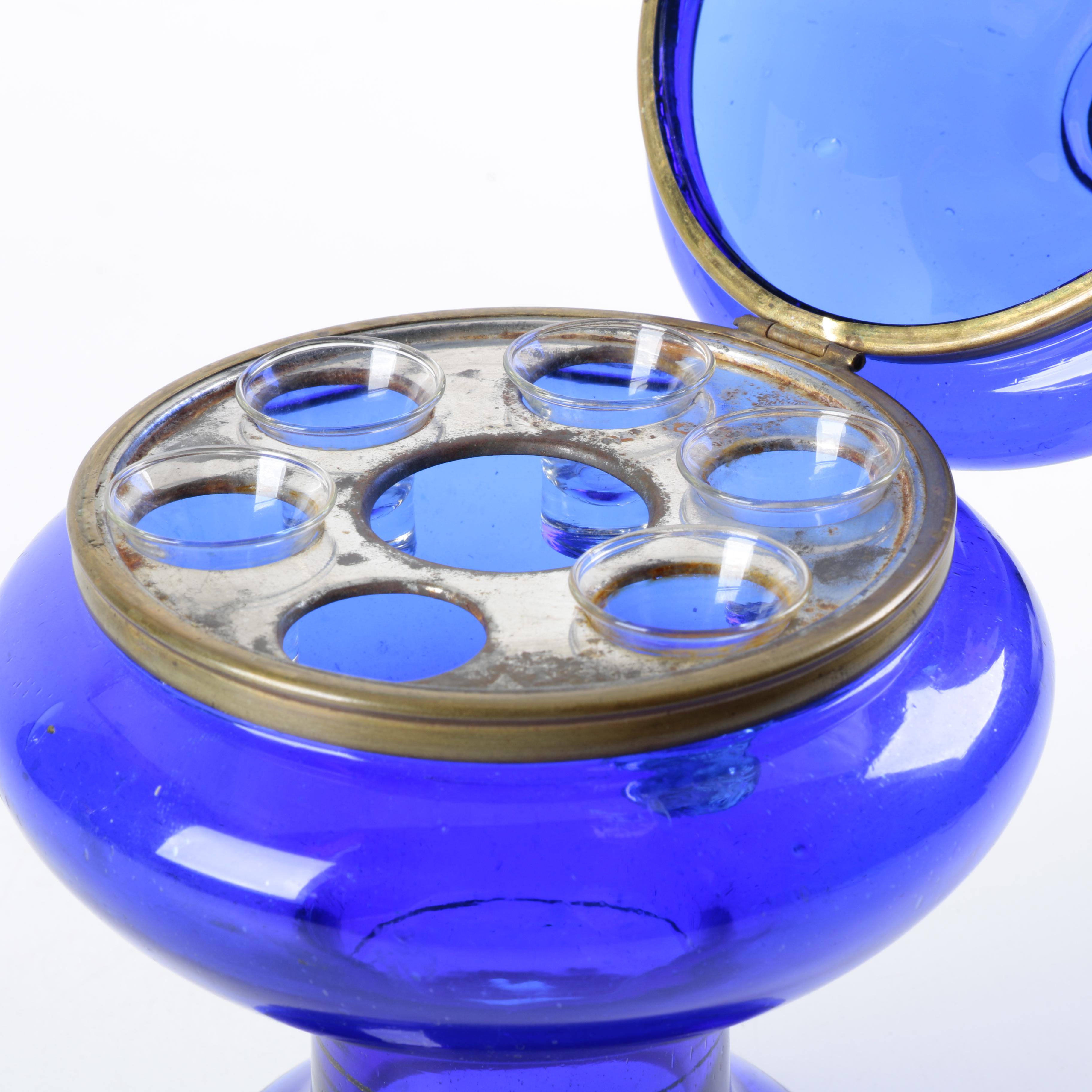 Antique Bohemian Cobalt Blue Glass Egg Shaped Liquor Set