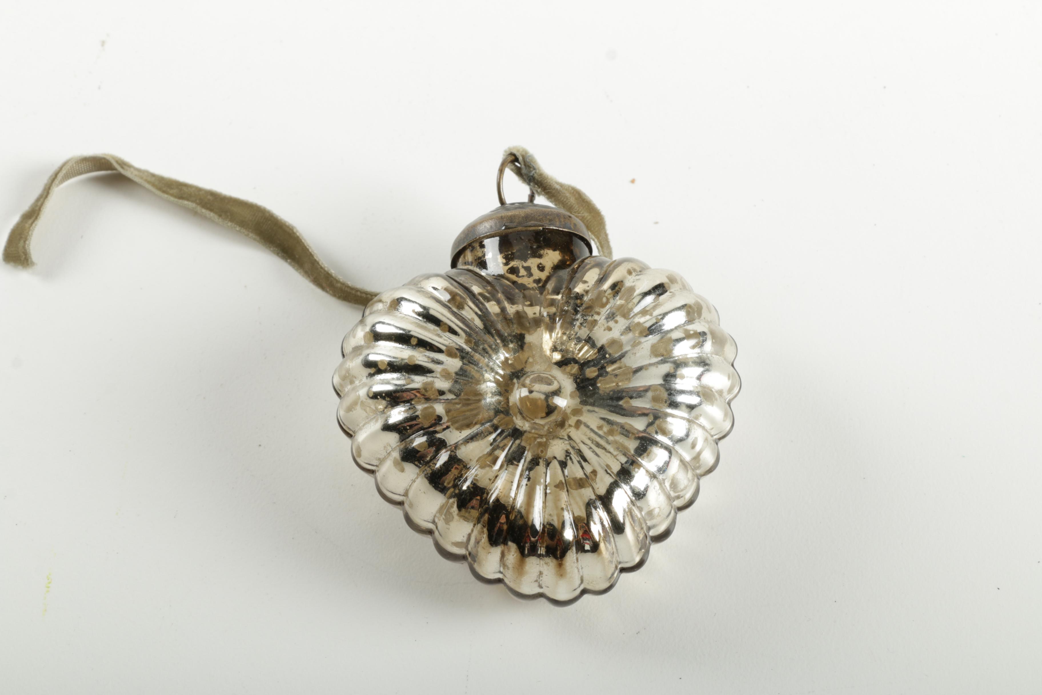 Antique Silver Glass Heart Shaped Christmas Ornament