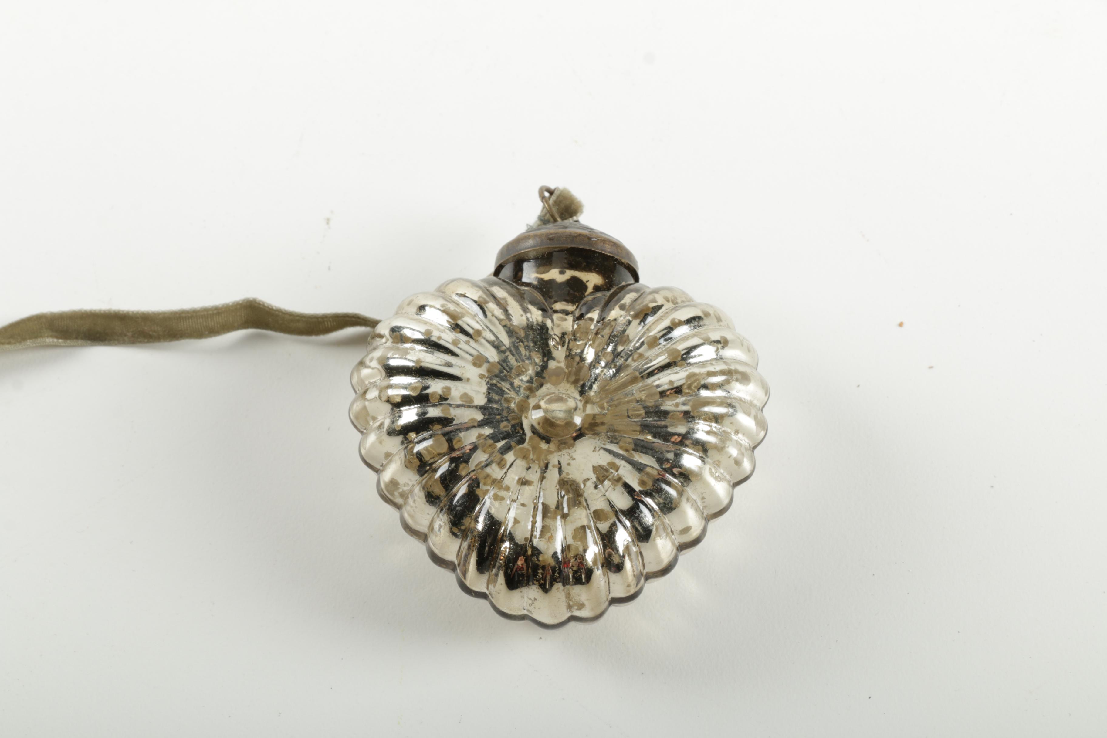 Antique Silver Glass Heart Shaped Christmas Ornament