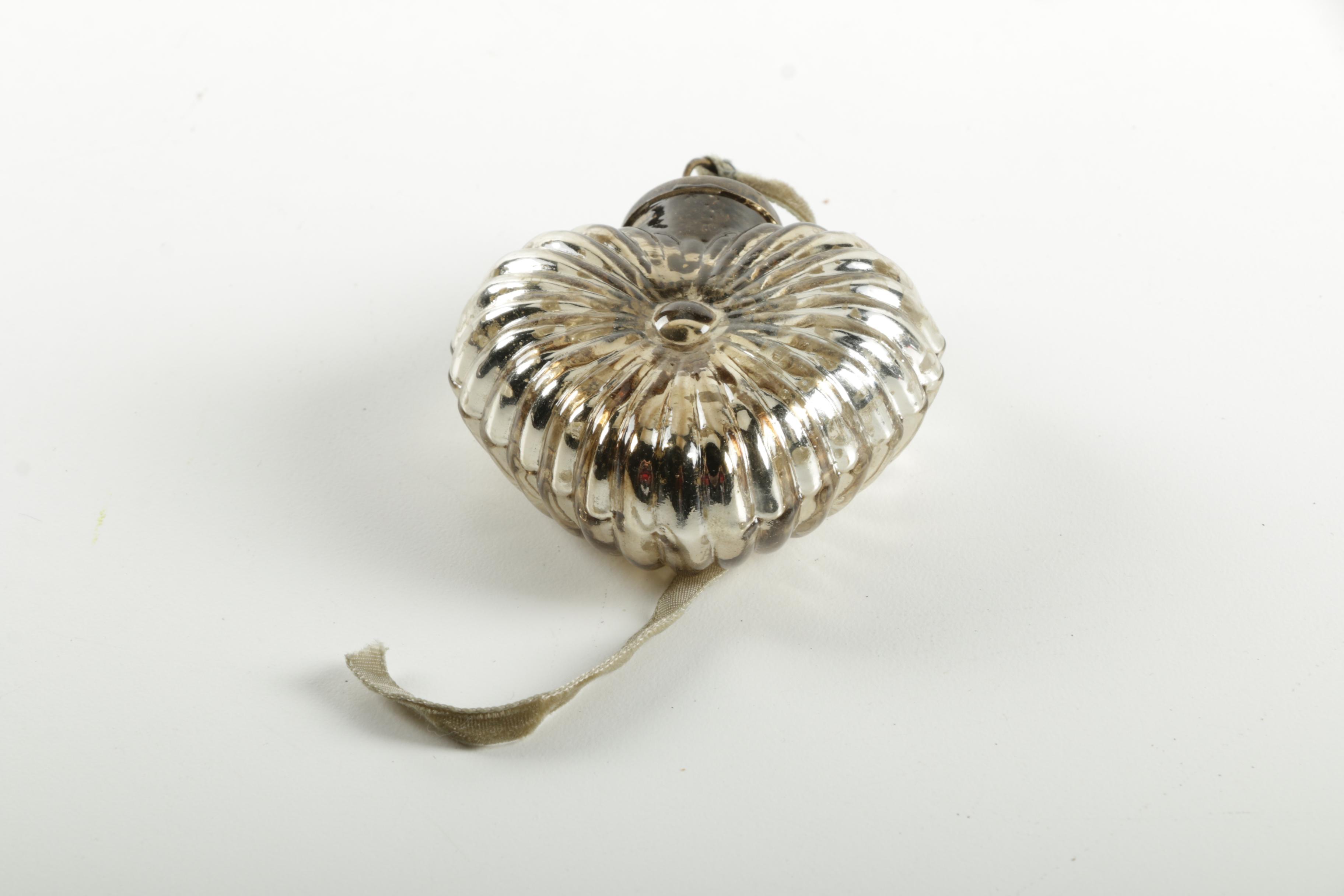 Antique Silver Glass Heart Shaped Christmas Ornament