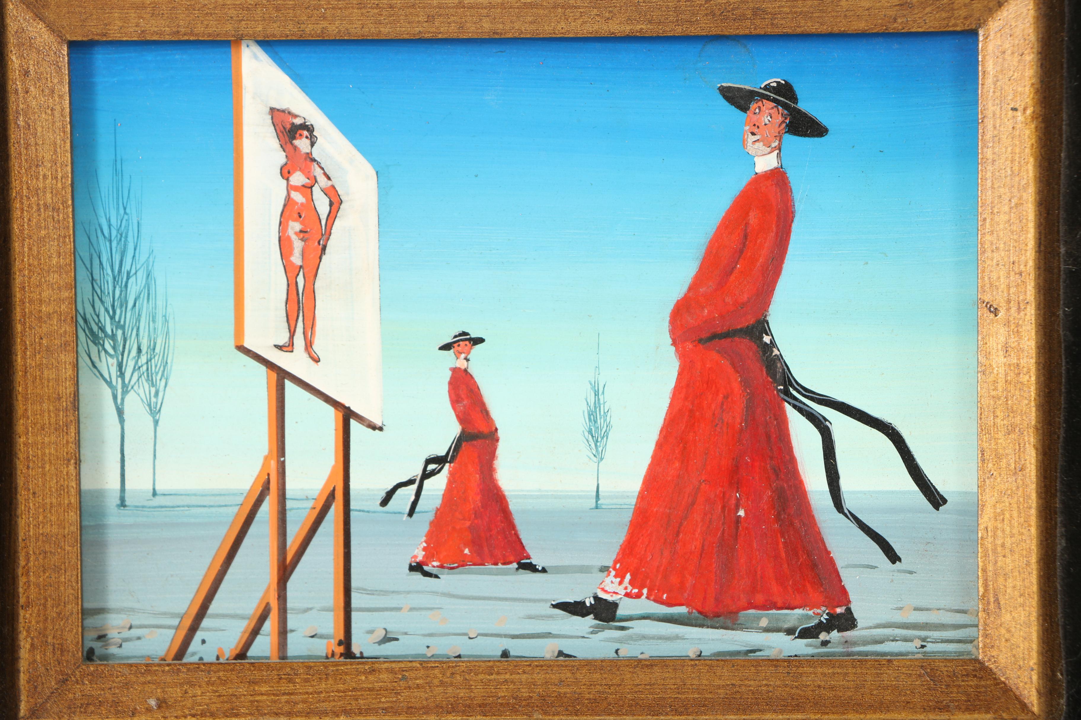 Oil and Gouache Painting of Priests and Billboard