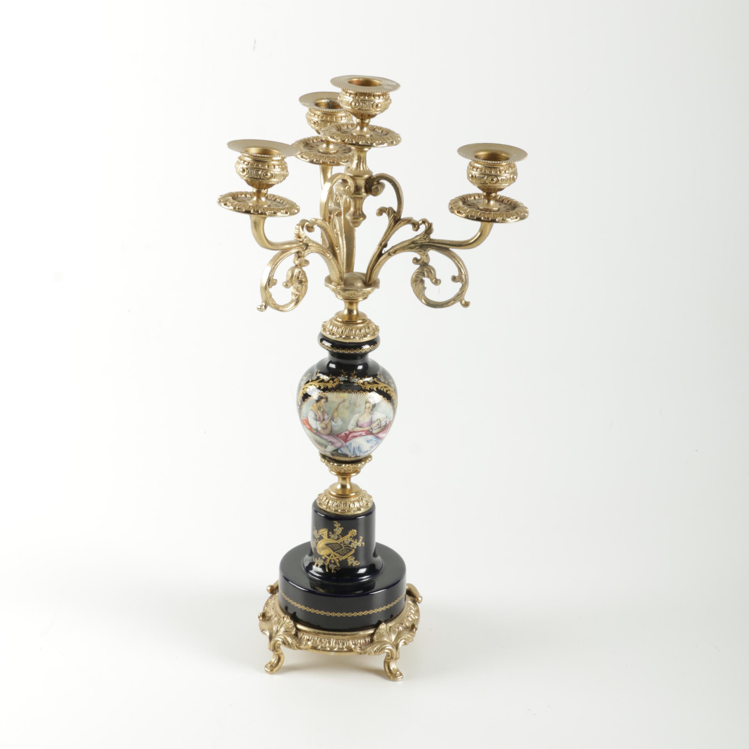 A.C.F. Sevres-Style Hand-Painted Porcelain and Metal Candelabra