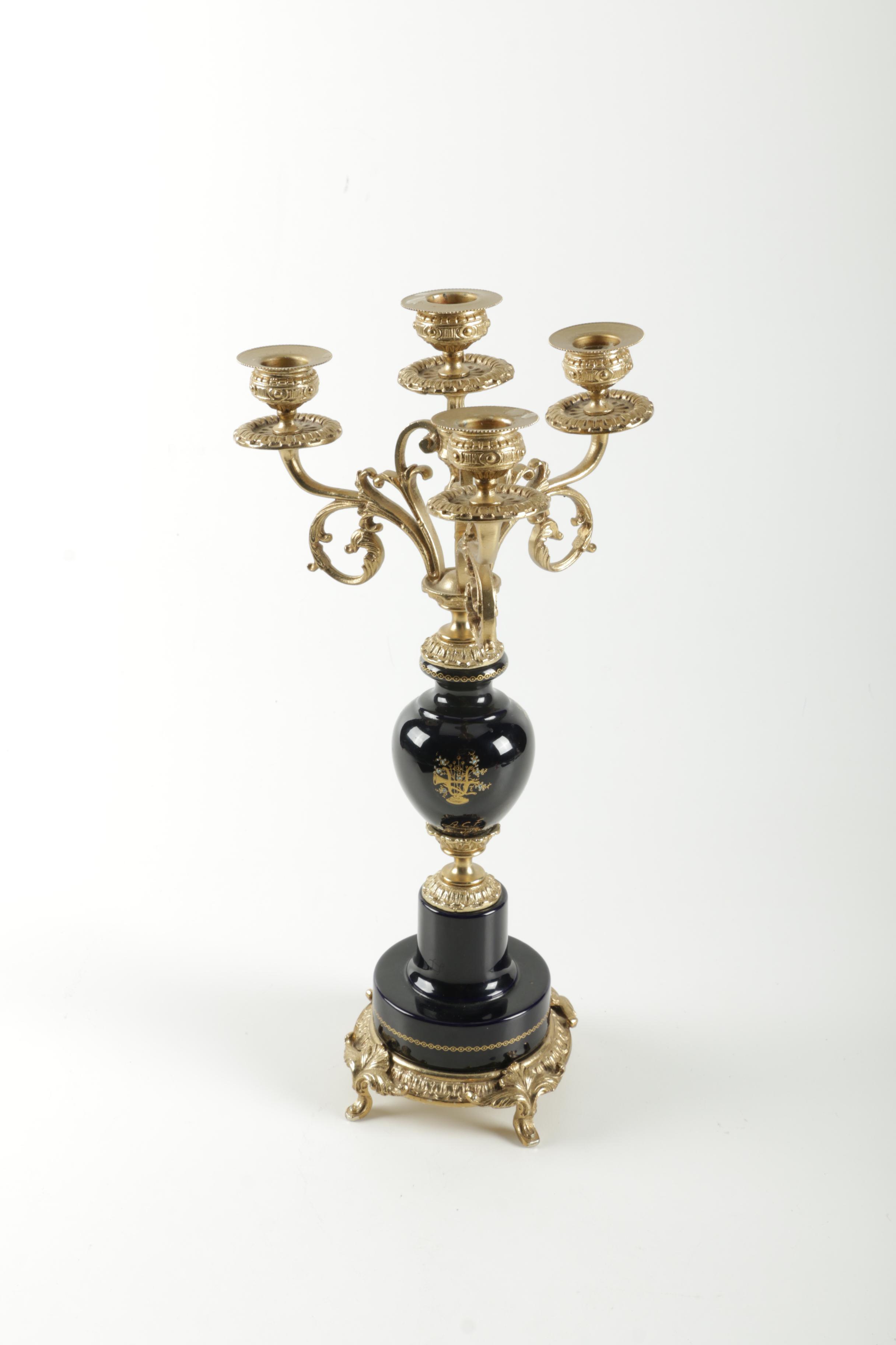 A.C.F. Sevres-Style Hand-Painted Porcelain and Metal Candelabra