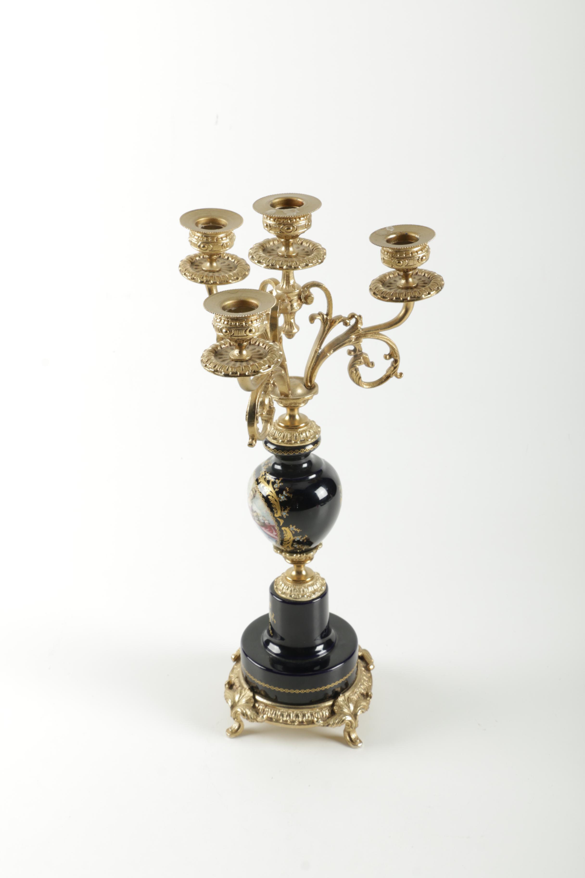 A.C.F. Sevres-Style Hand-Painted Porcelain and Metal Candelabra