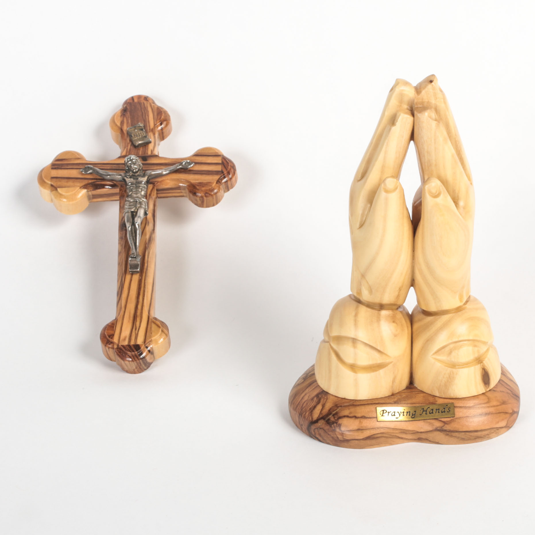 Wooden Praying Hands Statue and Crucifix