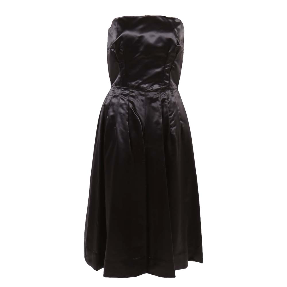 1950s Vintage Black Satin Strapless Cocktail Dress