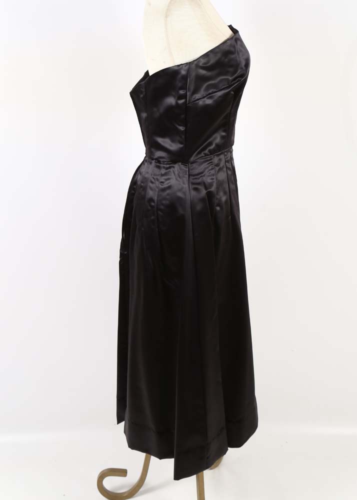 1950s Vintage Black Satin Strapless Cocktail Dress