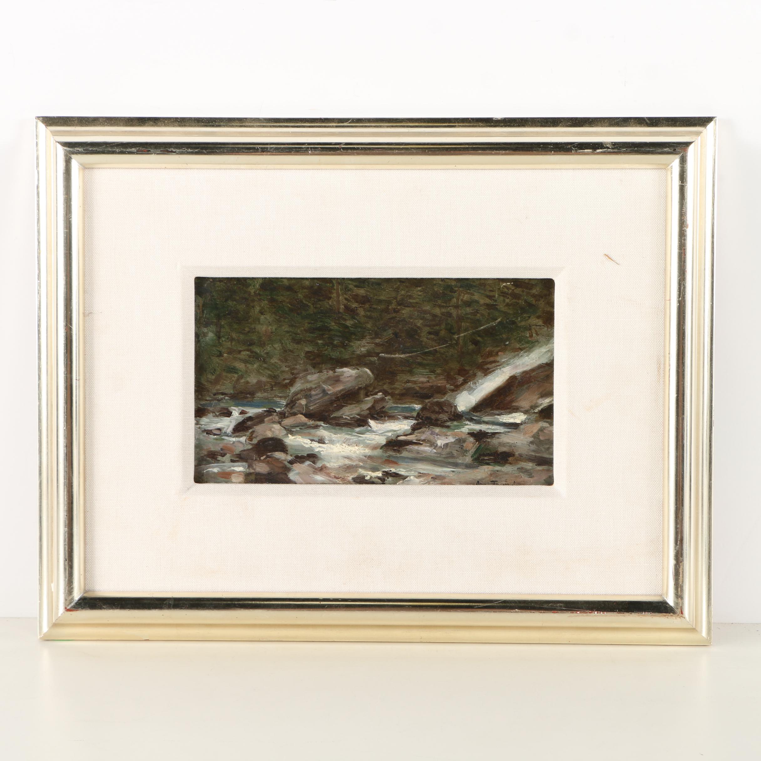 Auguste J. Trupheme 19th-Century Oil on Panel "Mountain Stream With Waterfall"