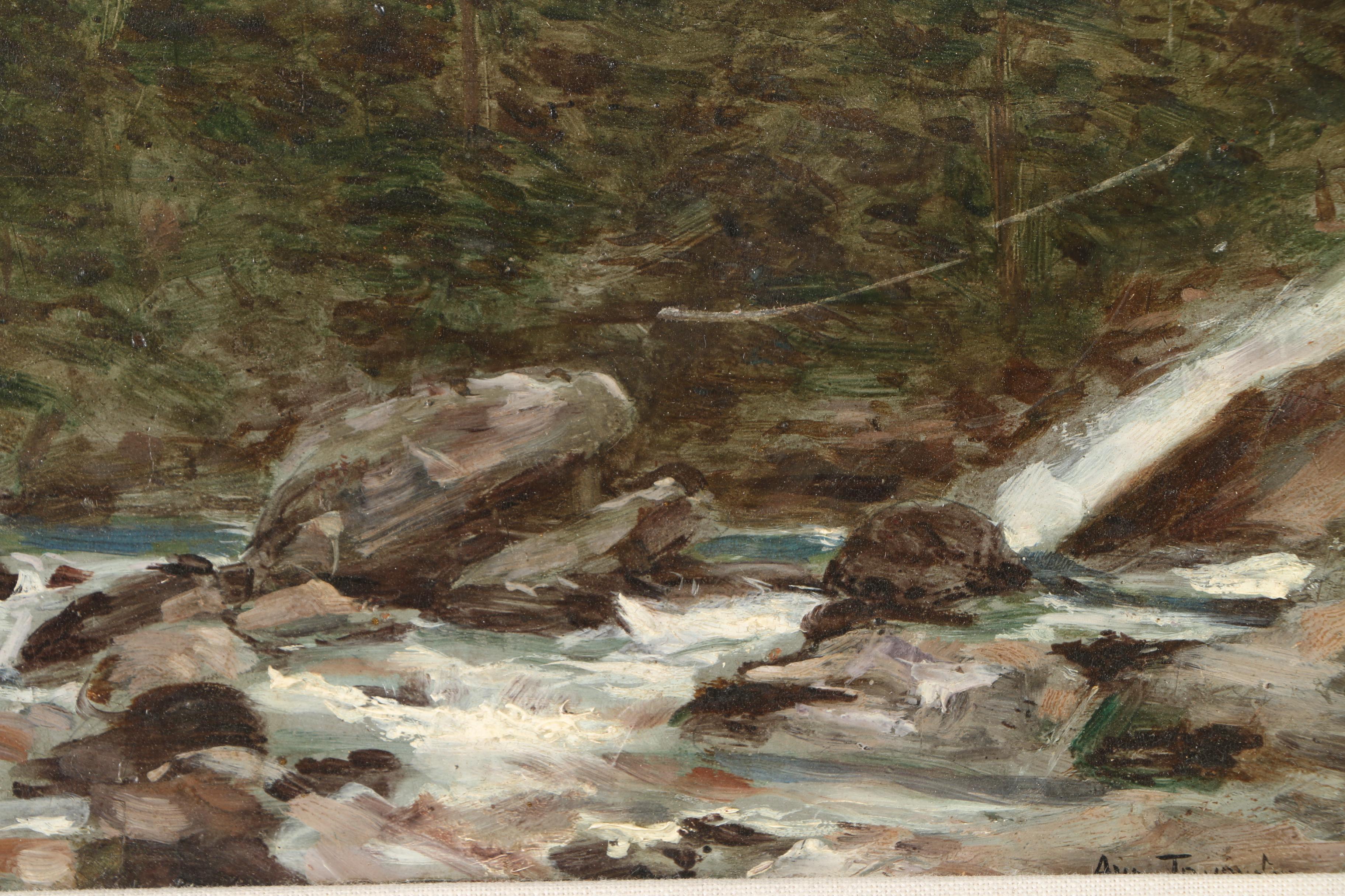 Auguste J. Trupheme 19th-Century Oil on Panel "Mountain Stream With Waterfall"