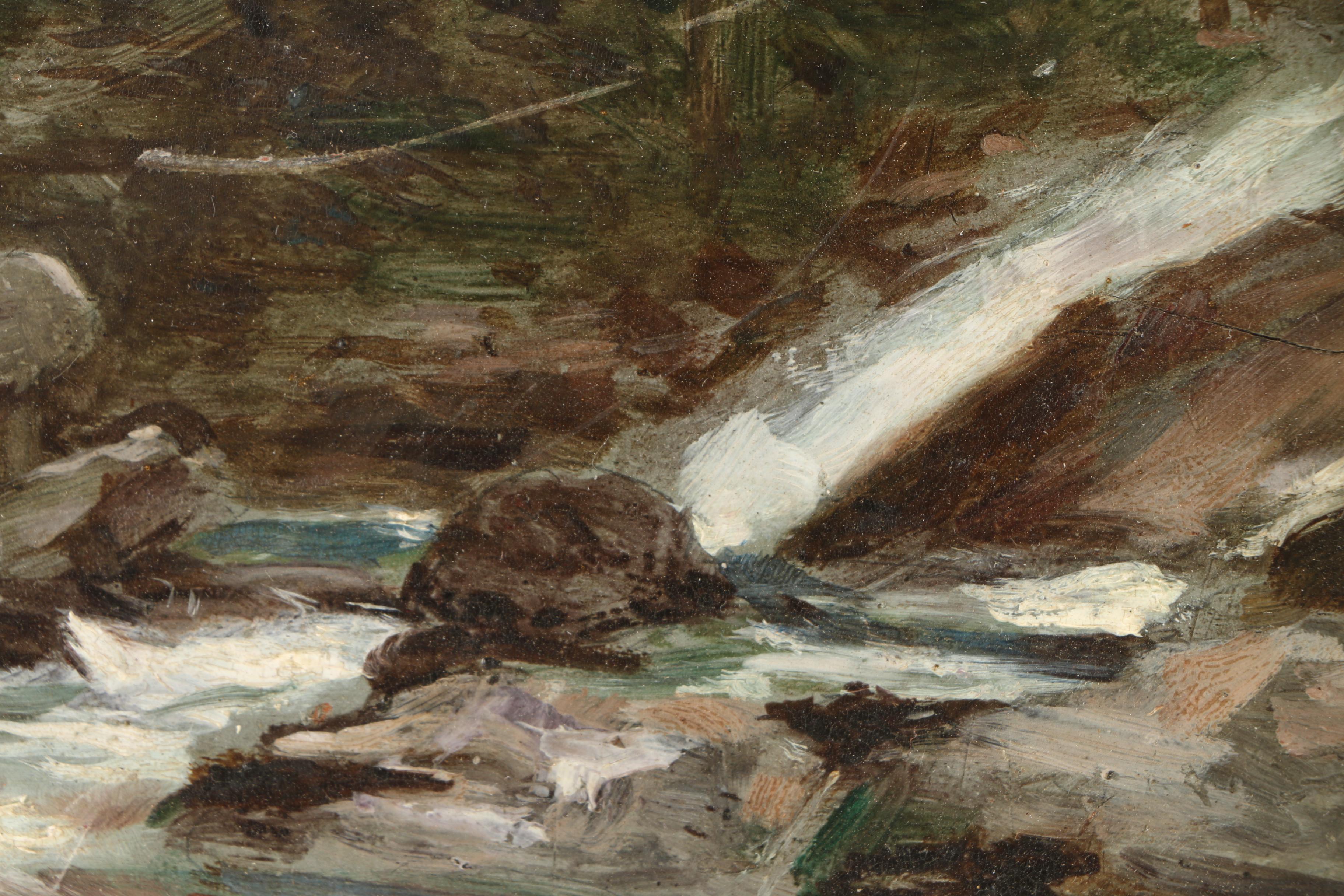 Auguste J. Trupheme 19th-Century Oil on Panel "Mountain Stream With Waterfall"