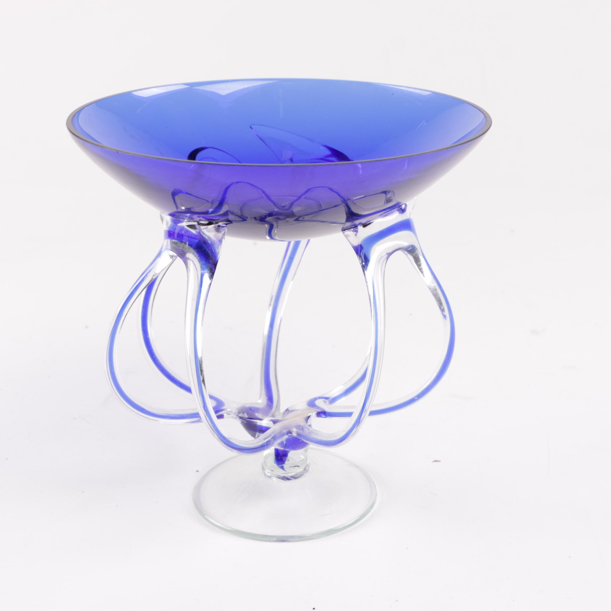 Ornate Blue Glass Footed Bowl