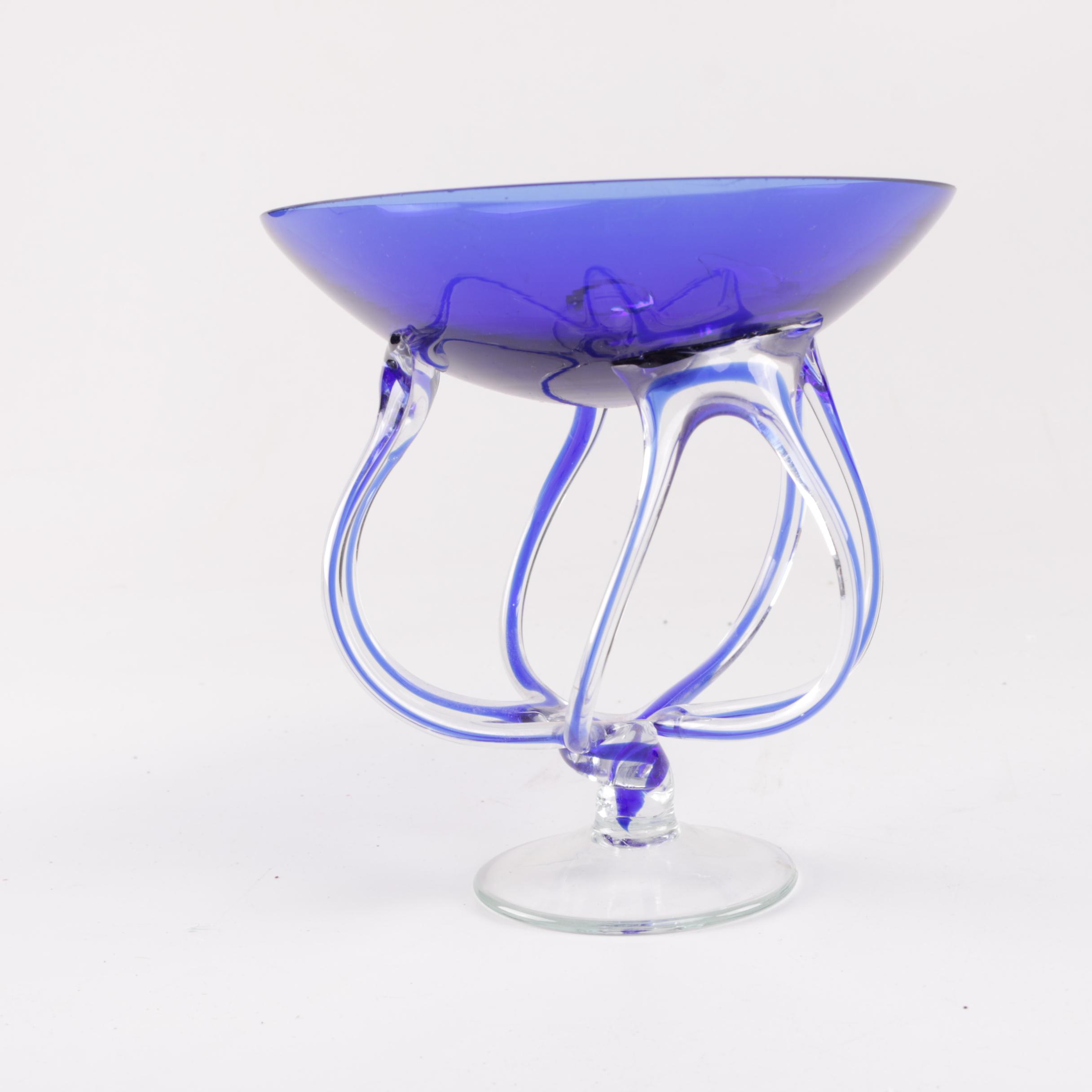 Ornate Blue Glass Footed Bowl