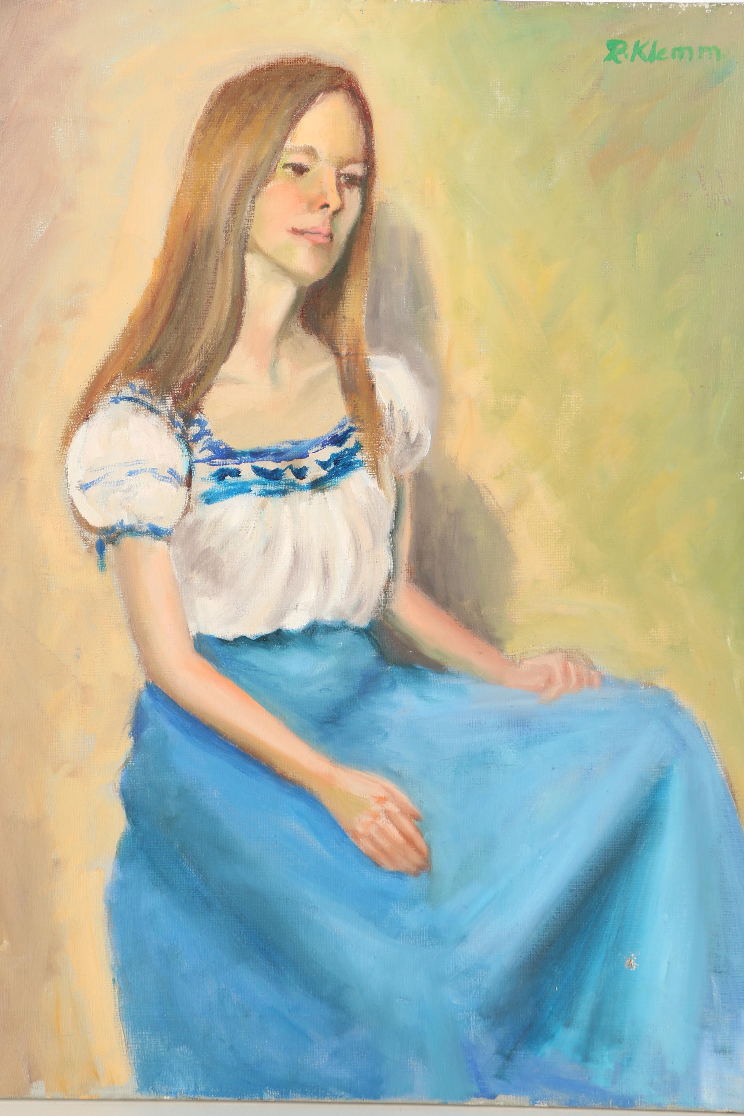 R. Klemm Oil Painting of Young Woman