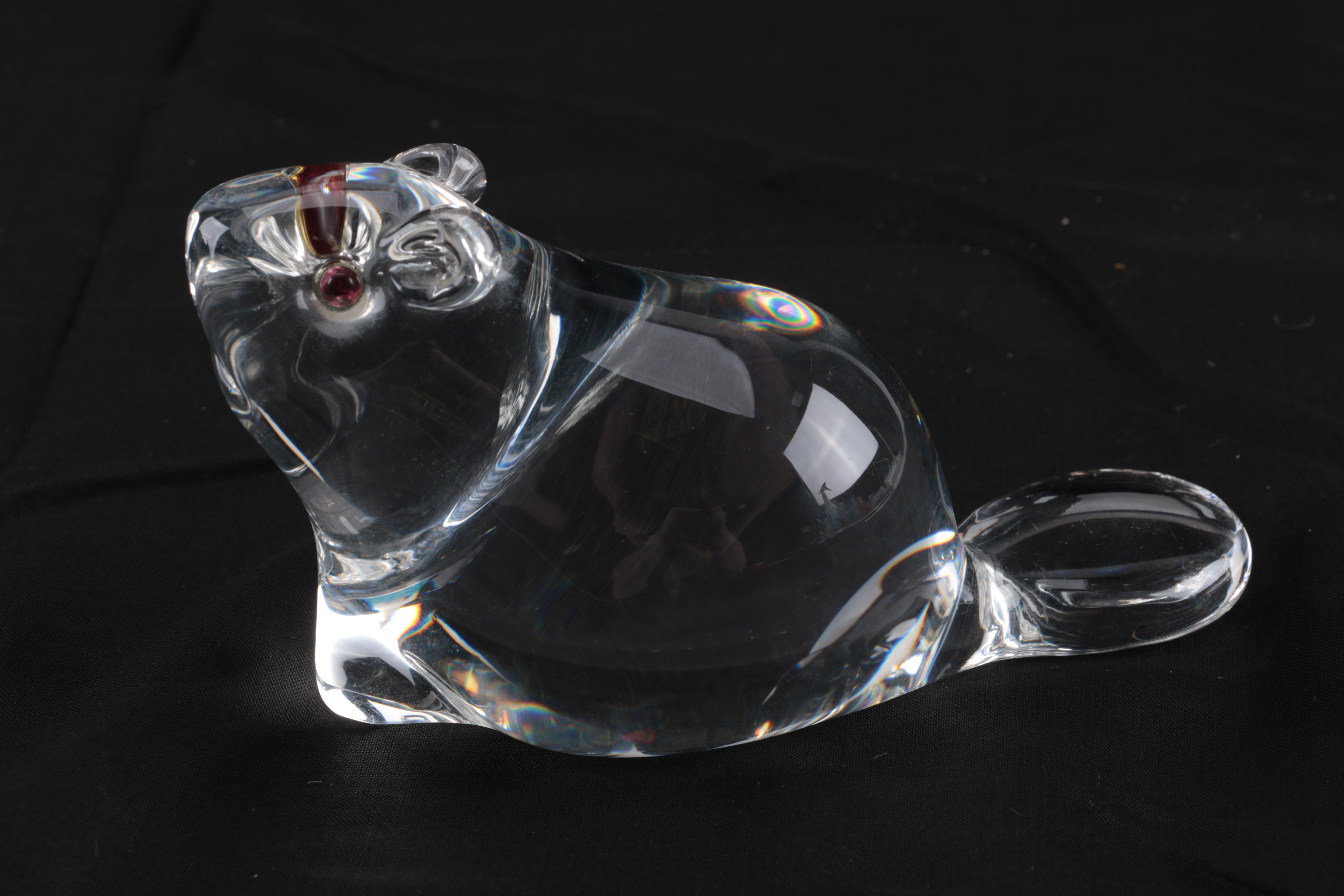 Vintage Lloyd Atkins for Steuben Glass Beaver with Garnet Eyes