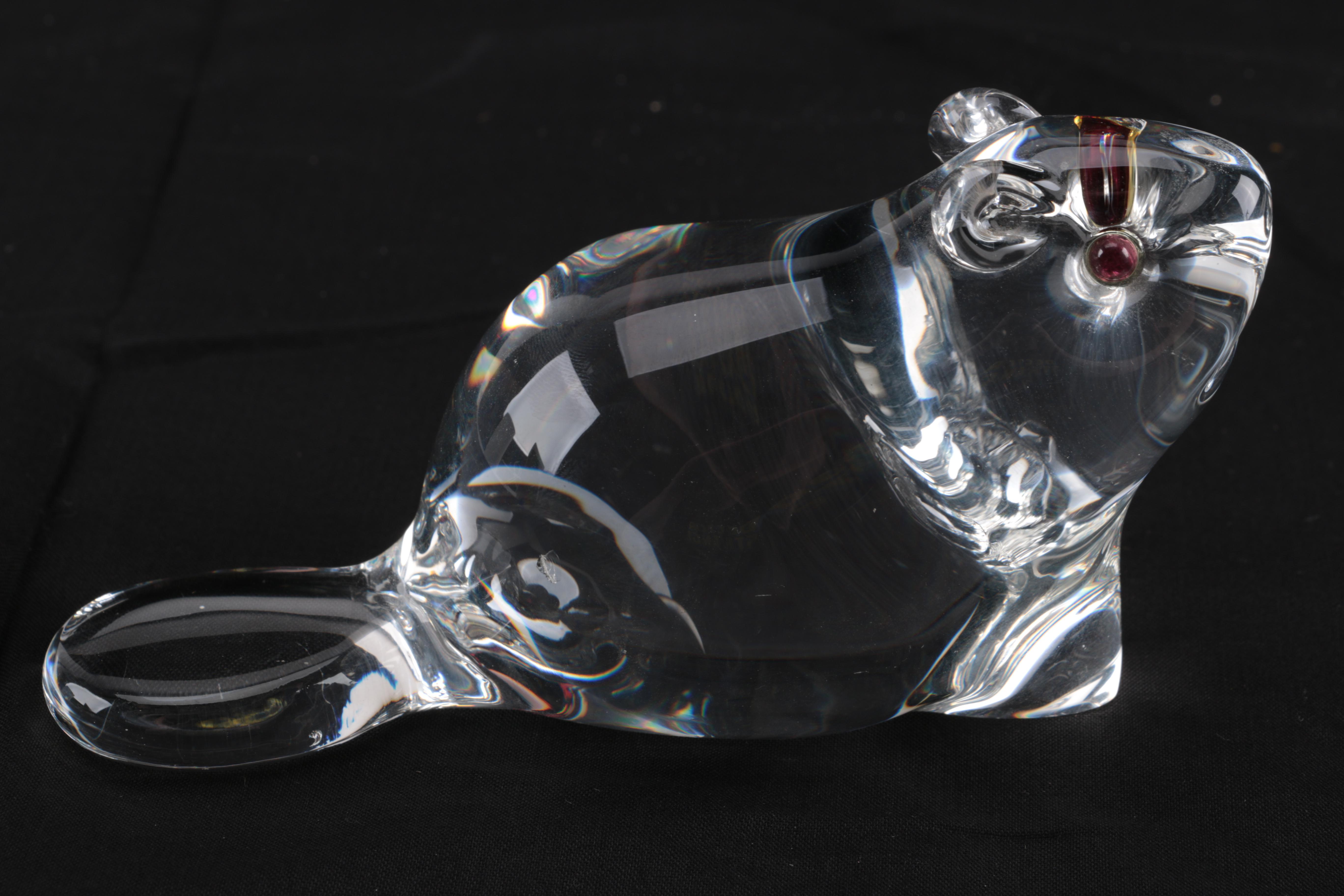 Vintage Lloyd Atkins for Steuben Glass Beaver with Garnet Eyes