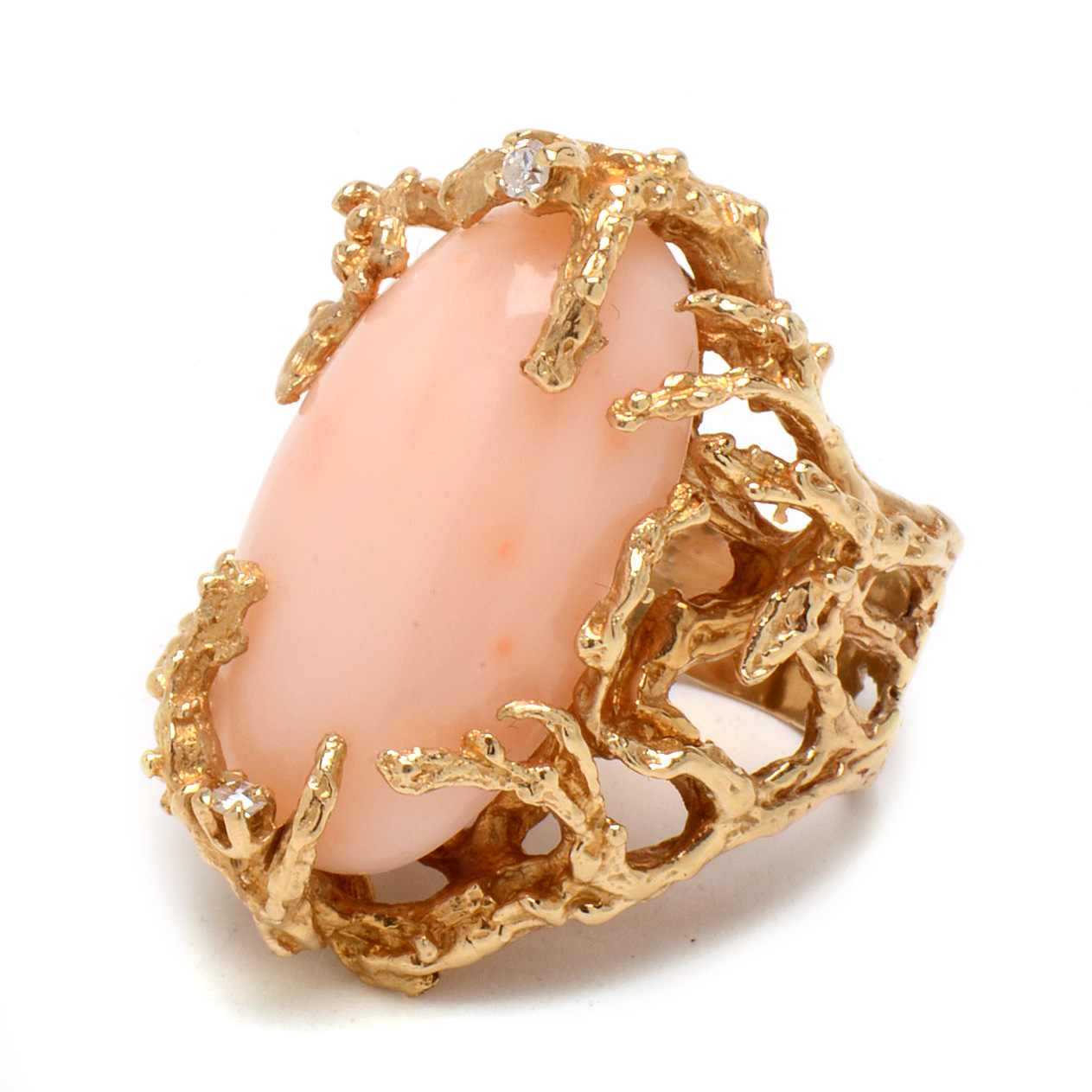 14K Yellow Gold and Pink Coral Ring With Diamond Accents