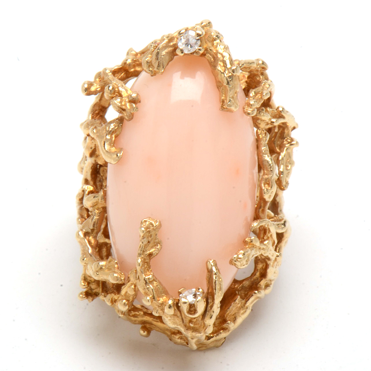 14K Yellow Gold and Pink Coral Ring With Diamond Accents
