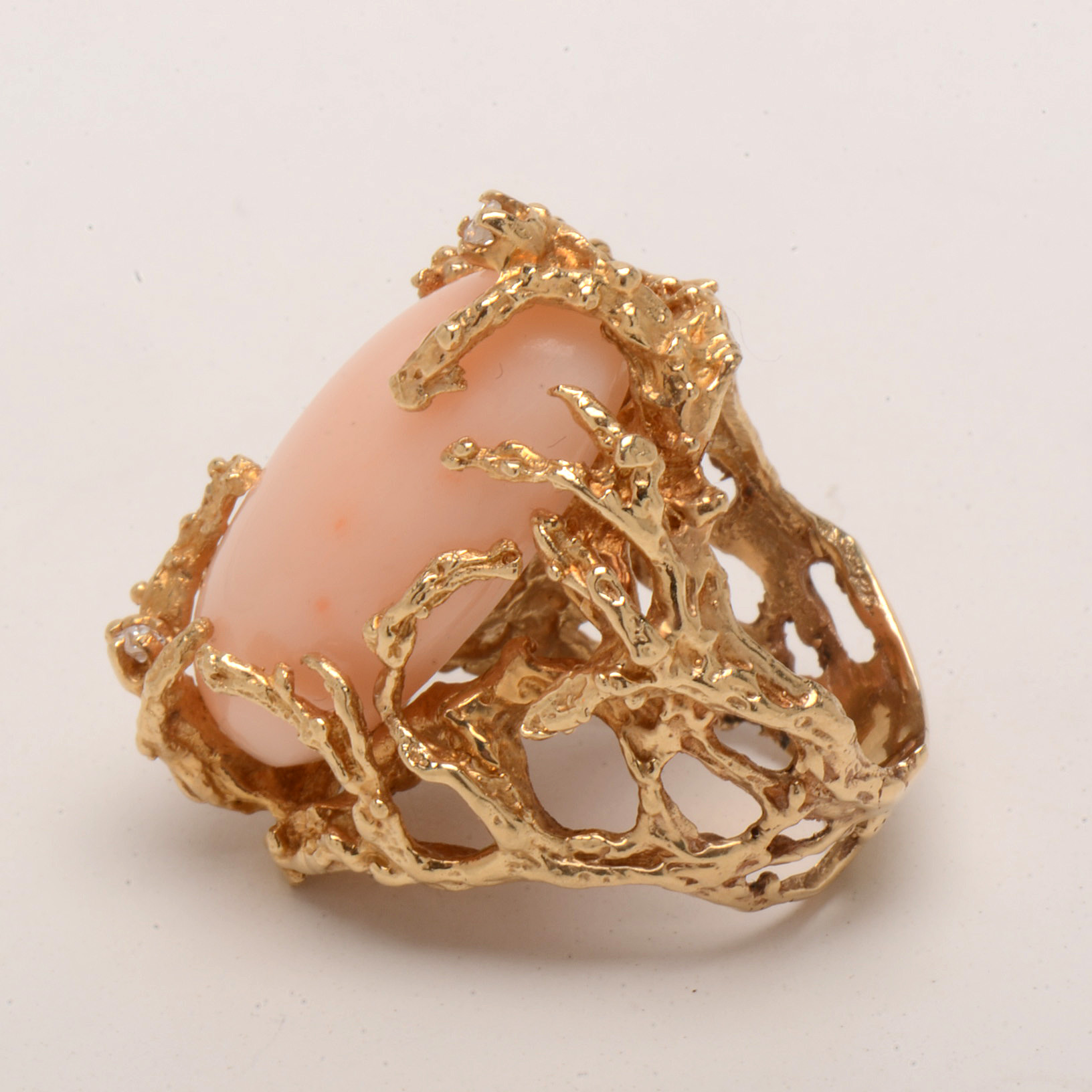 14K Yellow Gold and Pink Coral Ring With Diamond Accents