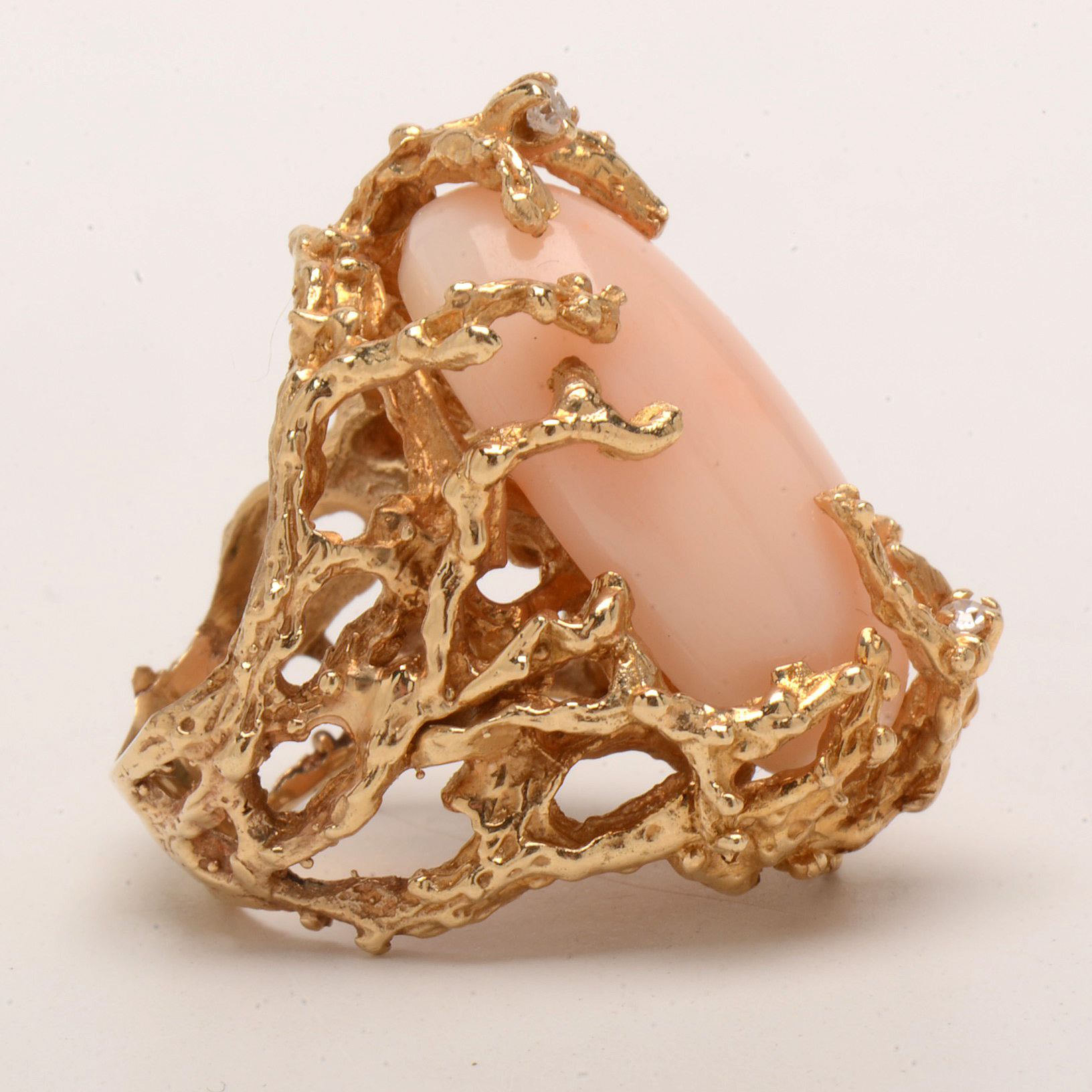 14K Yellow Gold and Pink Coral Ring With Diamond Accents