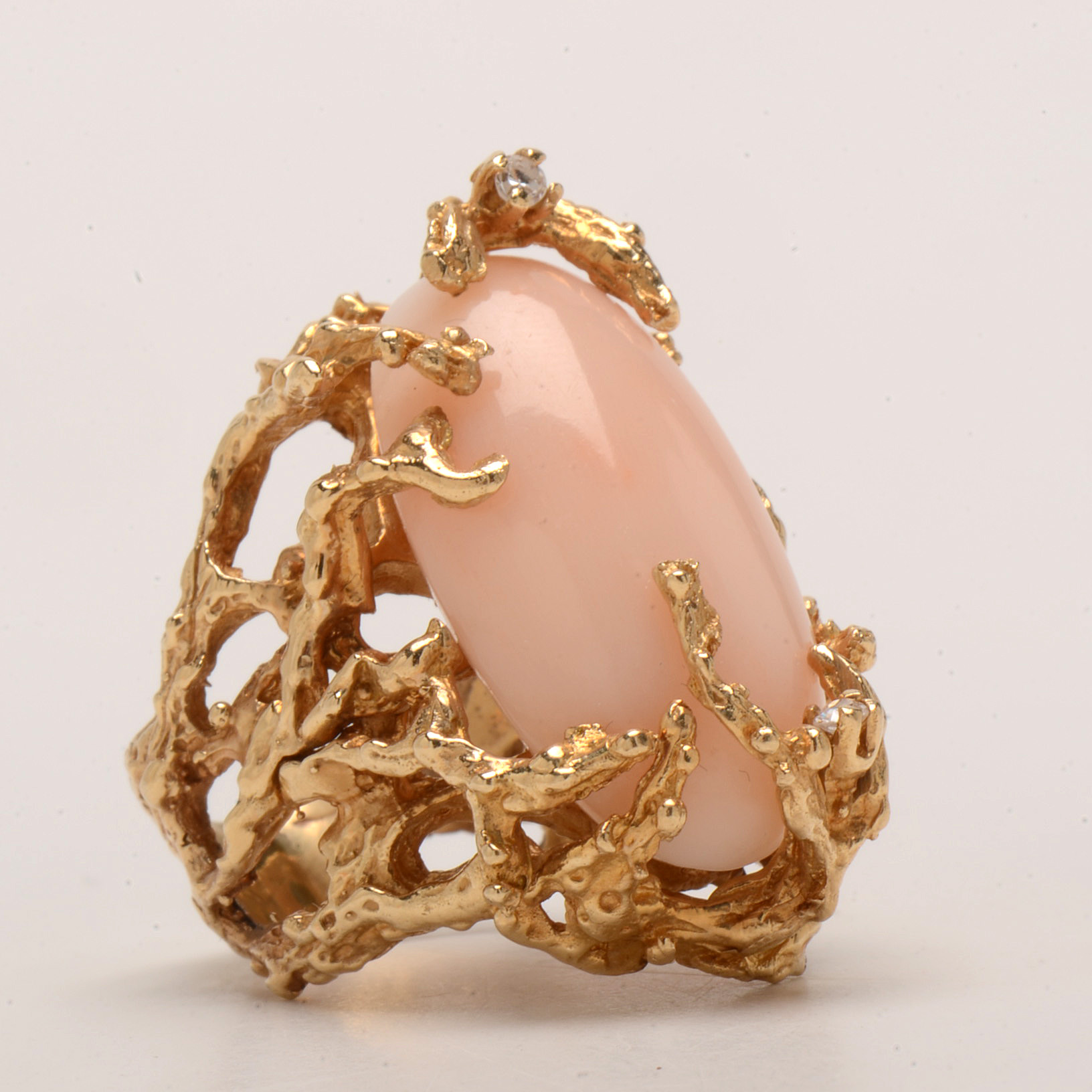 14K Yellow Gold and Pink Coral Ring With Diamond Accents