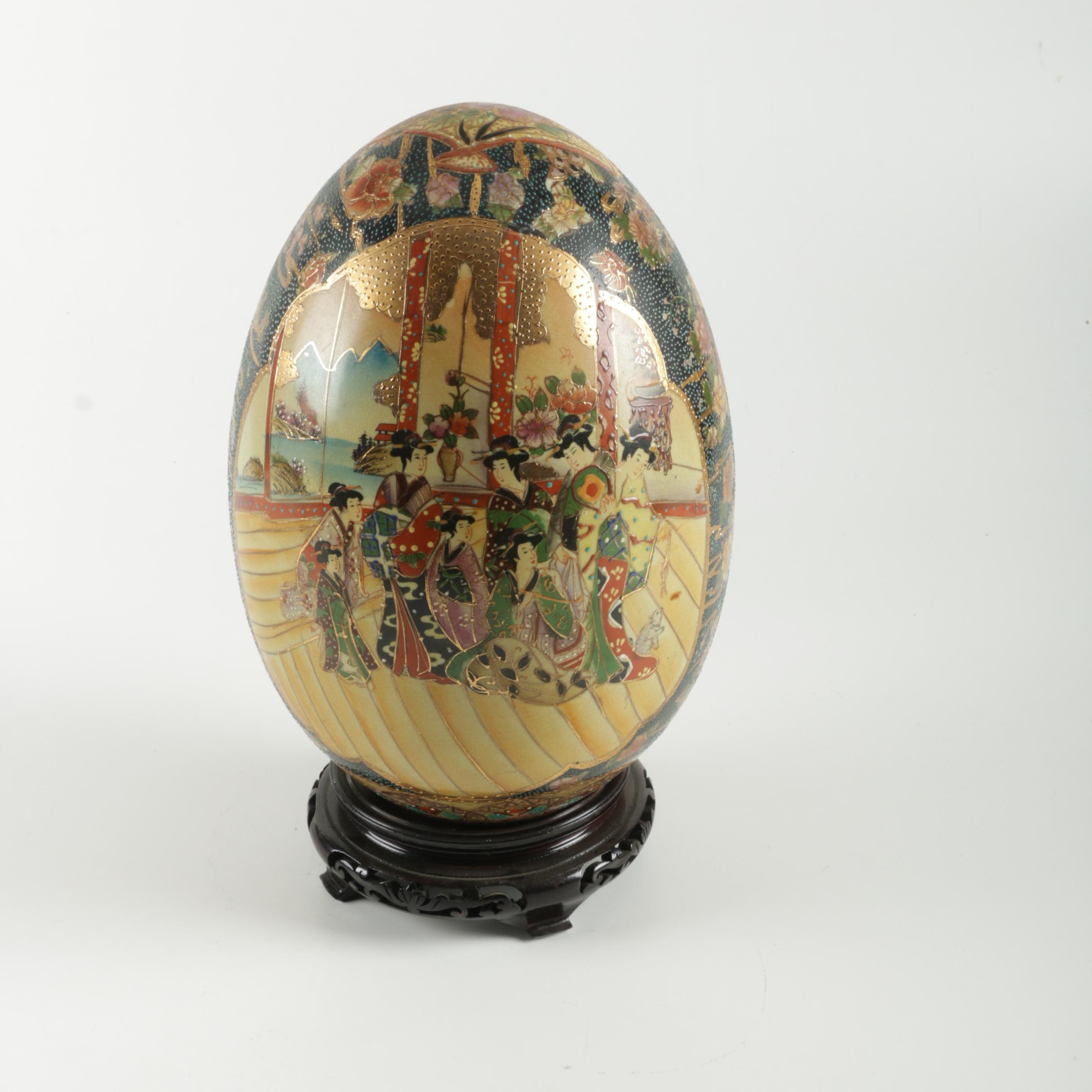 Chinese Satsuma Style Earthenware Egg with Stand