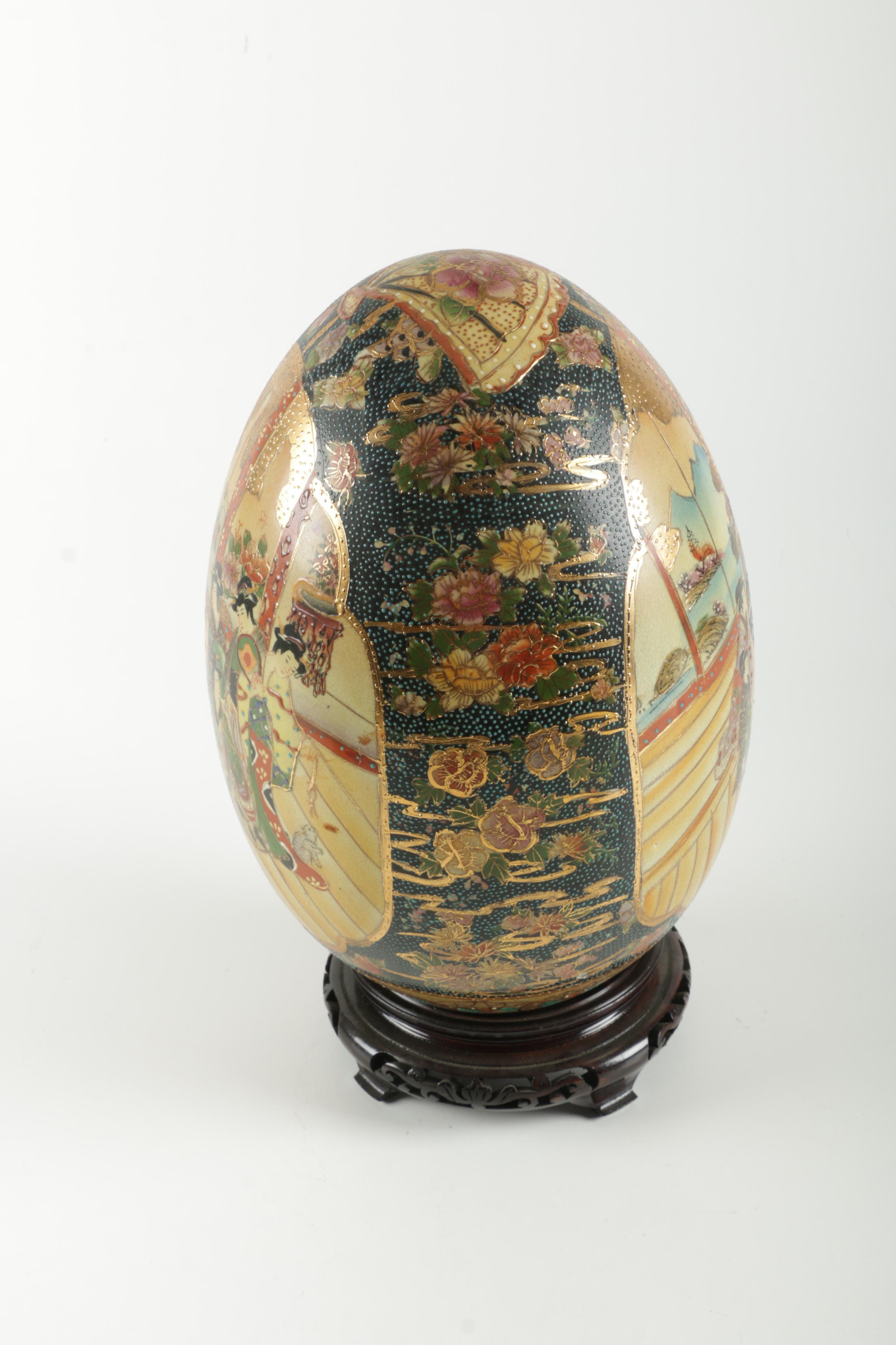 Chinese Satsuma Style Earthenware Egg with Stand