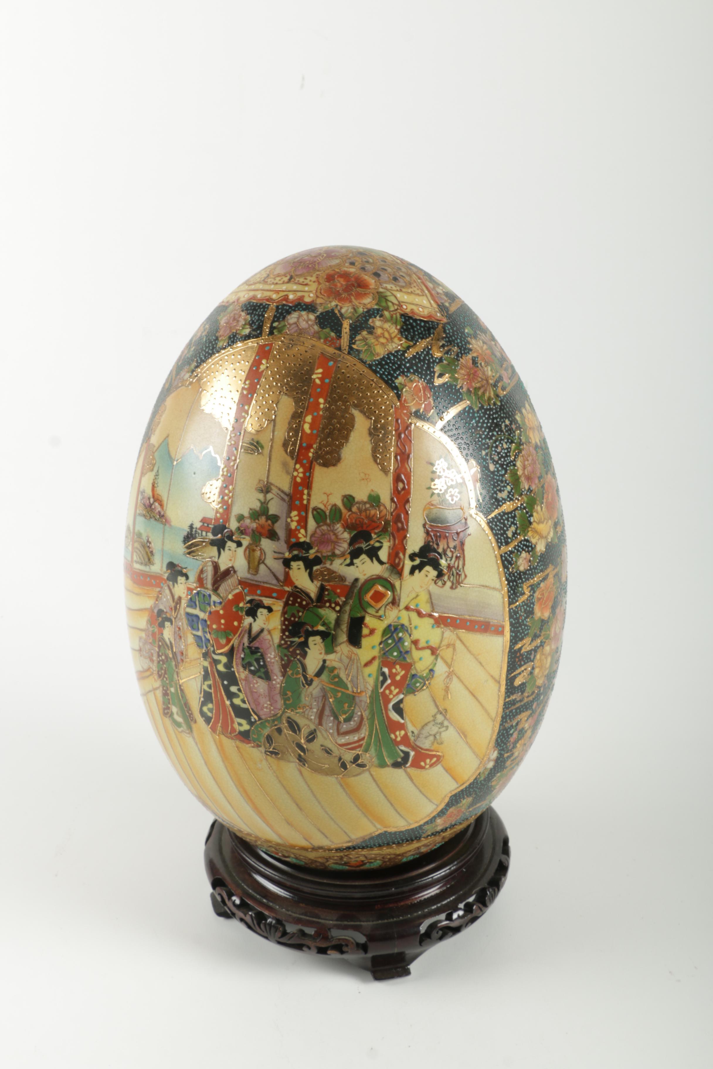 Chinese Satsuma Style Earthenware Egg with Stand
