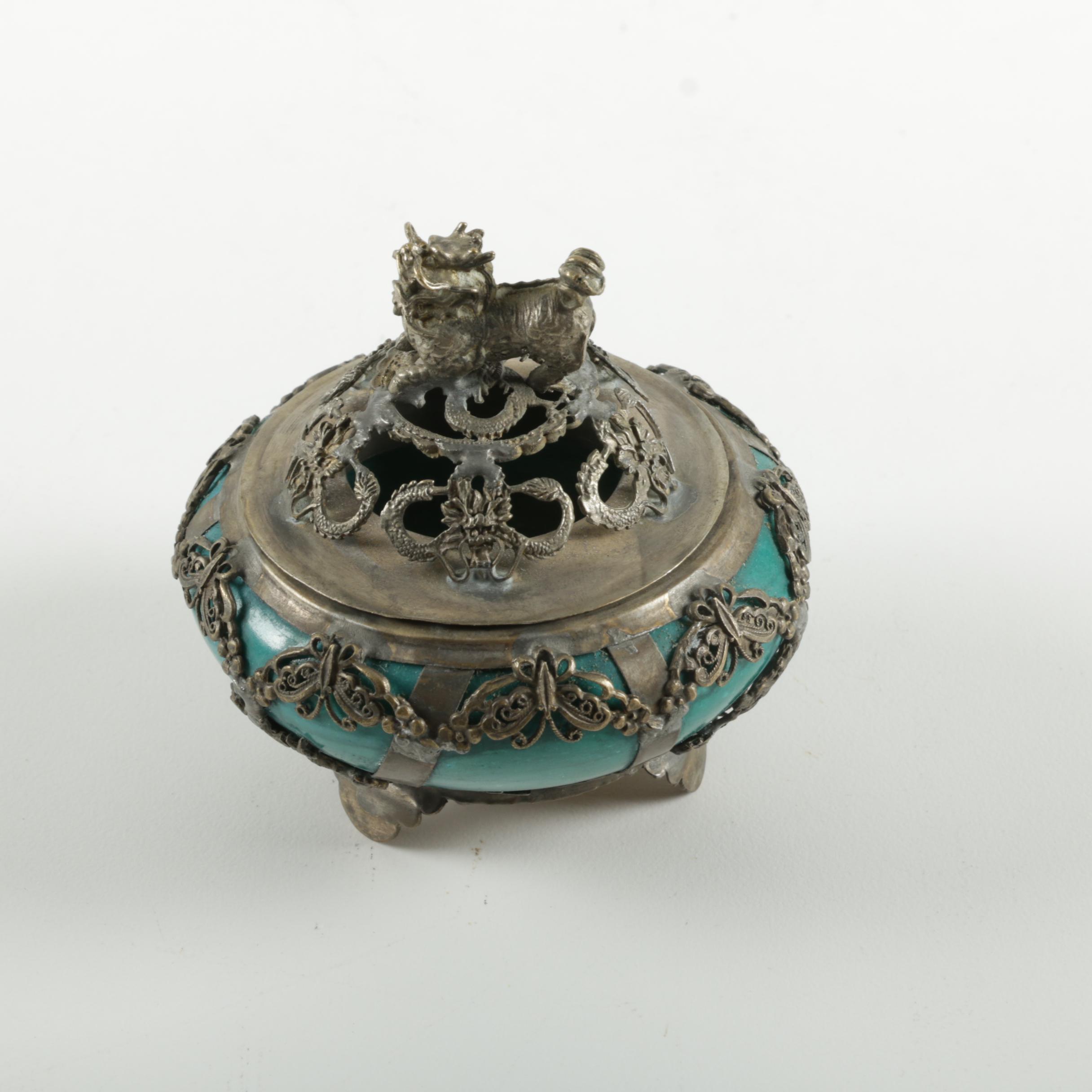 Chinese Stoneware and Metal Guardian Lion Incense Burner