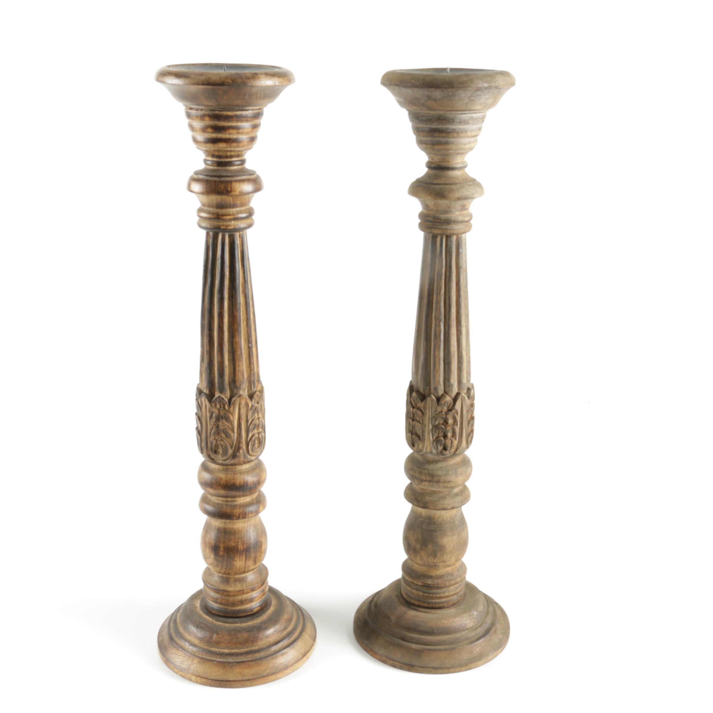 Pair of Wooden Column Candle Holders