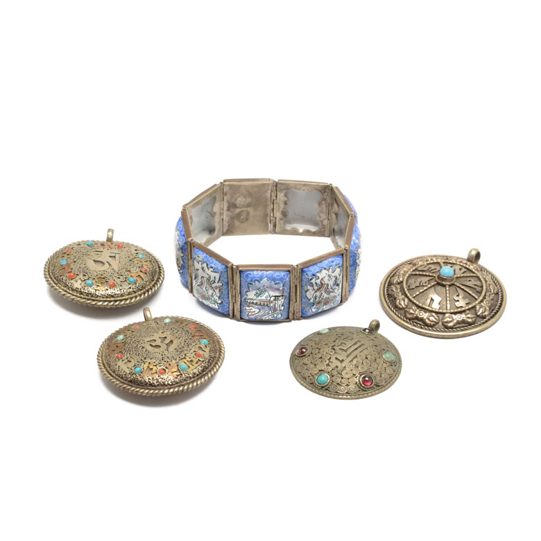 1940s Persian Story Bracelet and Four Sanskrit Medallion Pendants