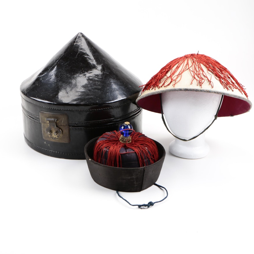 Pair of Chinese Court Official Hats with Hat Box