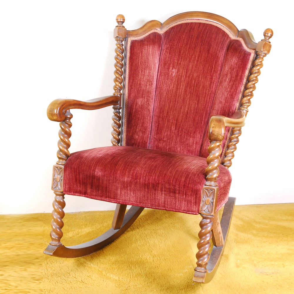 Barley Twist Turned Wood and Red Velvet Wingback Rocking Chair