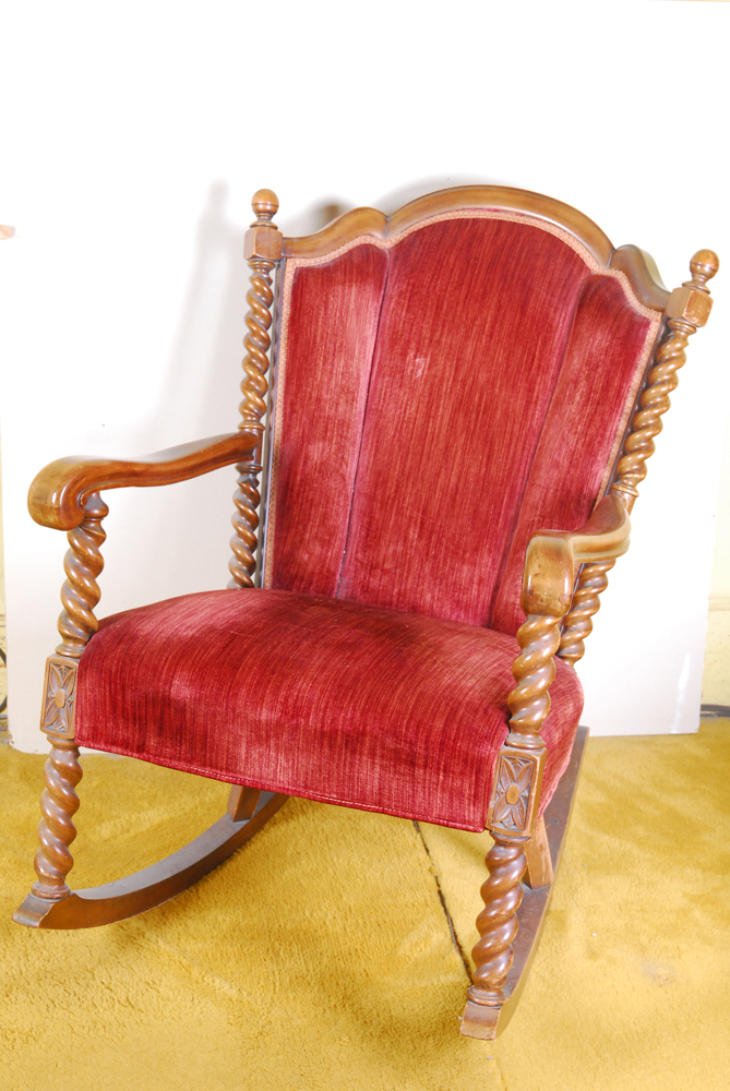 Barley Twist Turned Wood and Red Velvet Wingback Rocking Chair