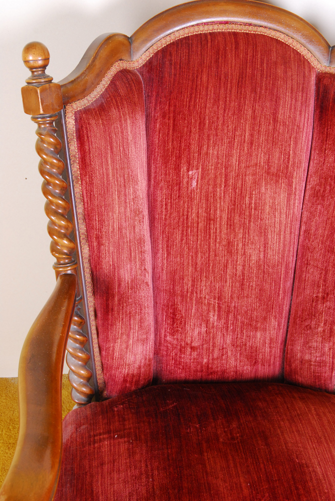Barley Twist Turned Wood and Red Velvet Wingback Rocking Chair