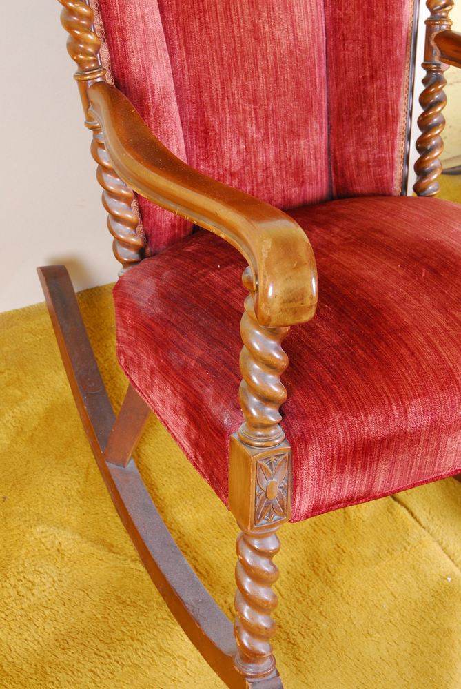 Barley Twist Turned Wood and Red Velvet Wingback Rocking Chair